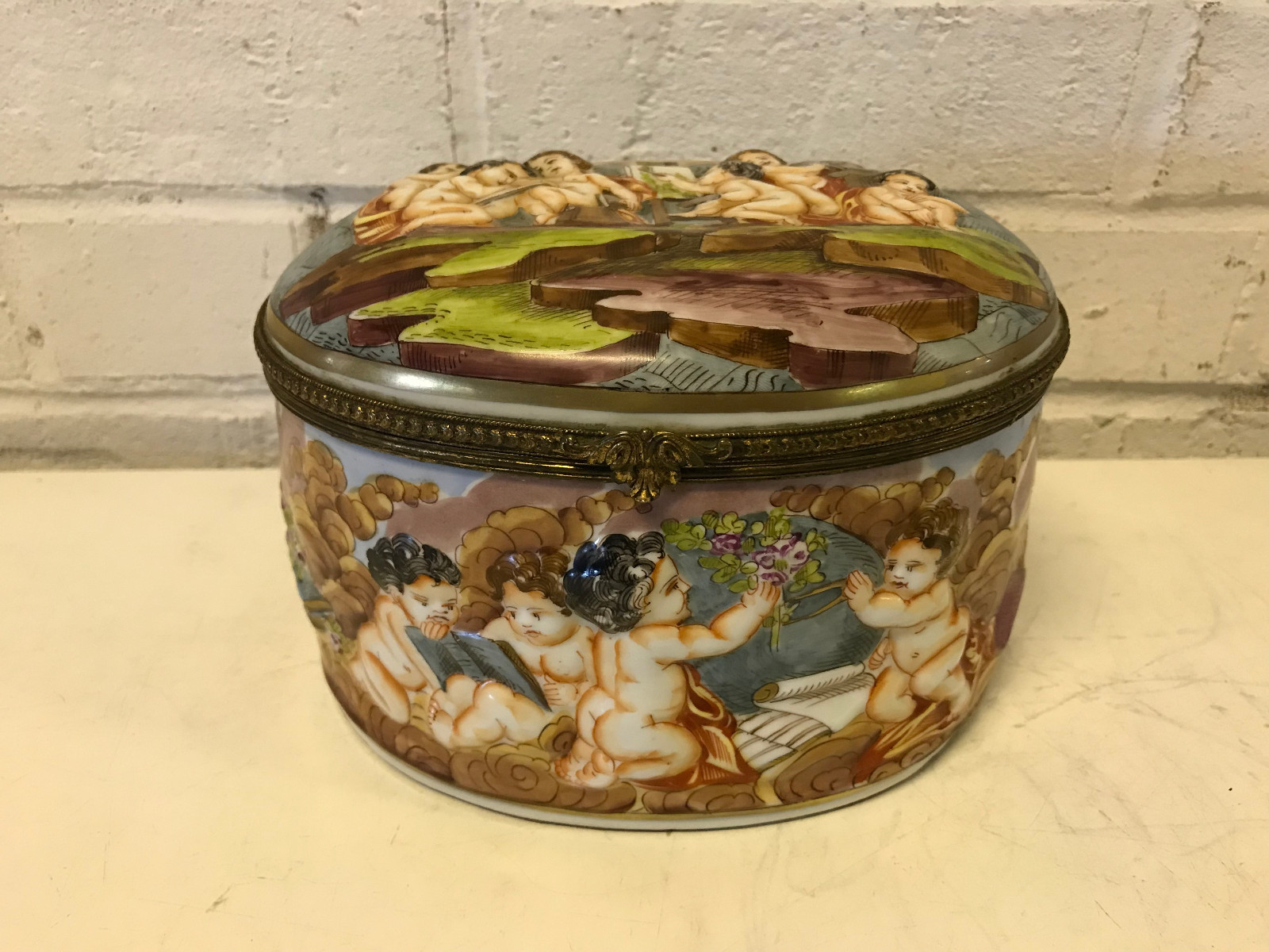 Vtg Possibly Antique Italian Capodimonte Style Porcelain Dresser Box Allegorical