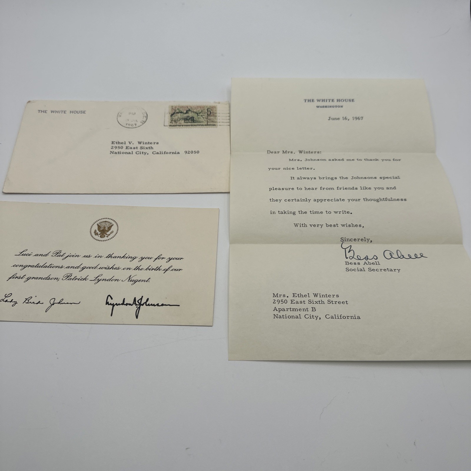 Vintage 1967 White House Letter & Card Set - LBJ Lyndon B. Johnson Bess Abell
