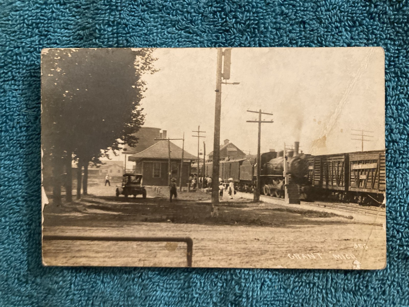 RPPC Grant Michigan RR Train Coming into a Busy Depot Photo c1910