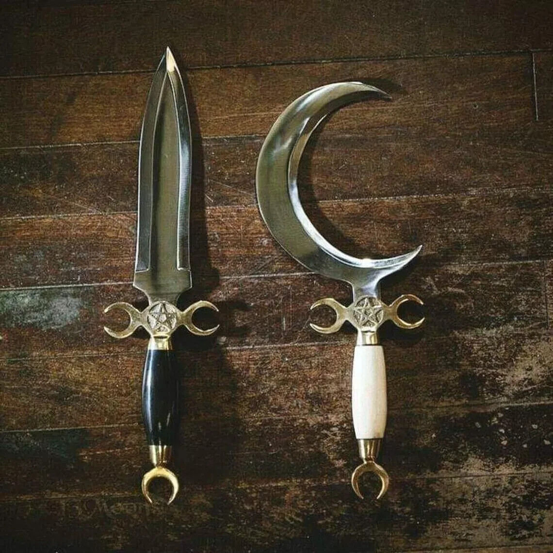 2 Pcs Set Handmade Crescent Moon Dagger Ritual Athame Boline Dagger Knife+Sheath