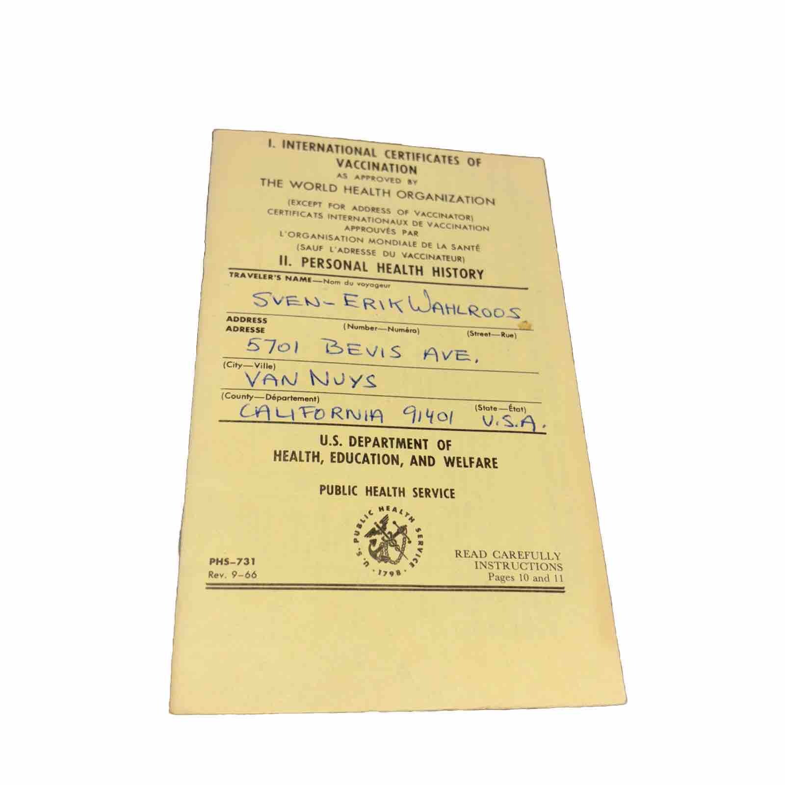 1966 International Certificate of Vaccine  World Health Org. Sven