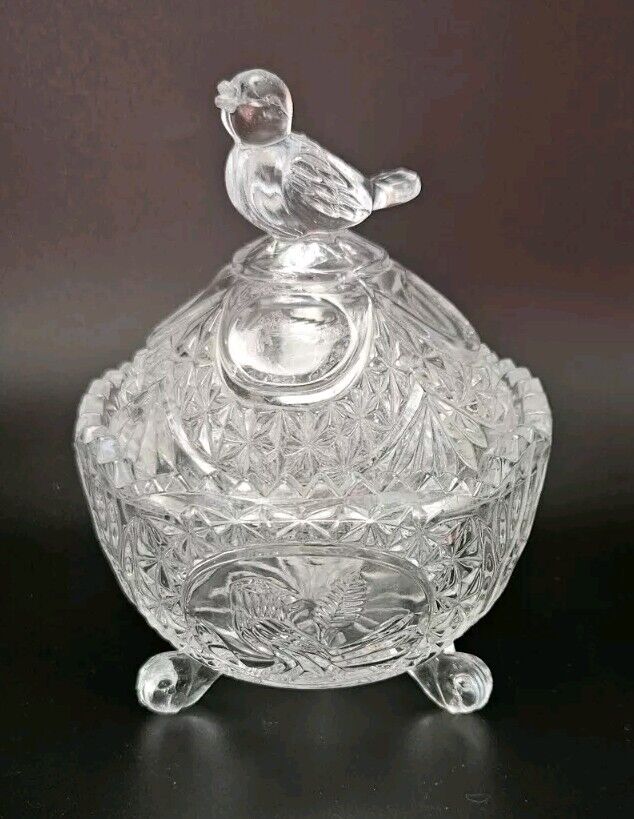 Vintage Hofbauer Byrdes Crystal Clear Bird Footed Candy Dish with Lid Germany