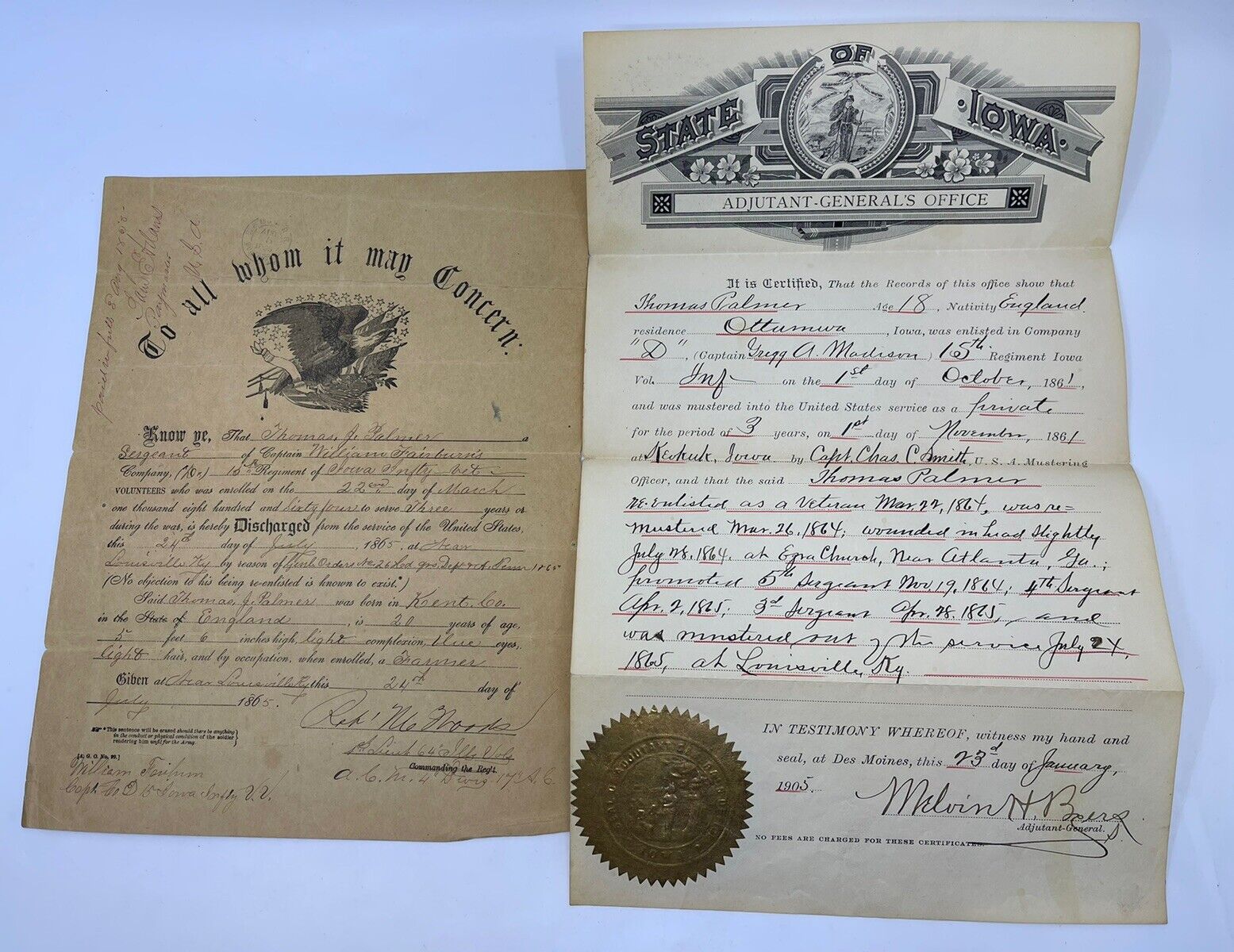 1865 Union Civil War Original & Duplicate Discharge Papers Iowa 3rd Sergeant