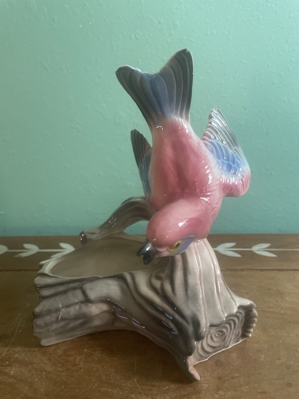 1950s Bird Sitting On Log Ceramic Planter USA Pottery Chipped