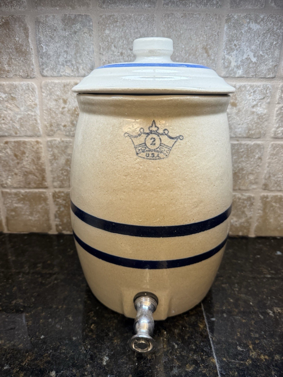 VTG Robinson Ransbottom 2 Gallon Crock Water Cooler Lid Blue Stripes Ohio USA