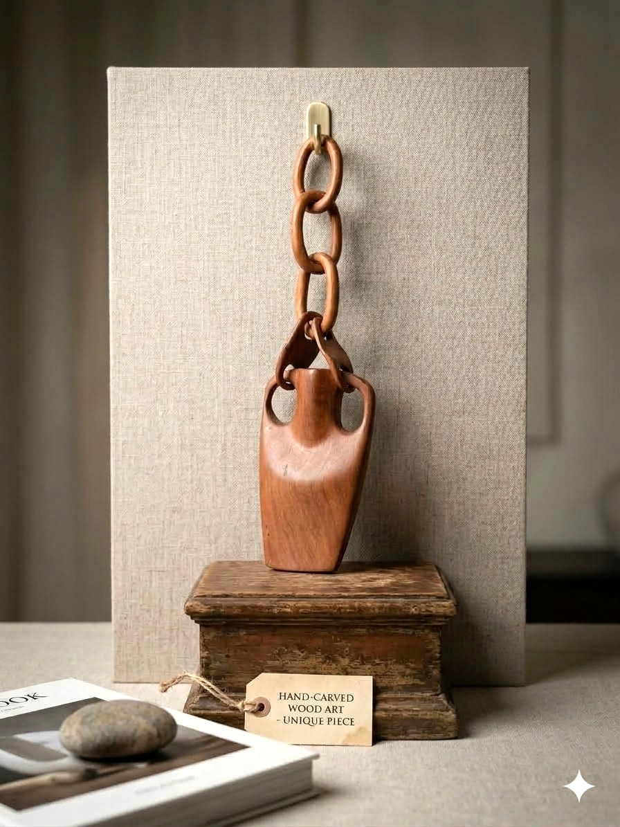 Vintage Hand Carved Wood Whimsy Chain Wall Hanging Vase Rustic Amphora Folk Art
