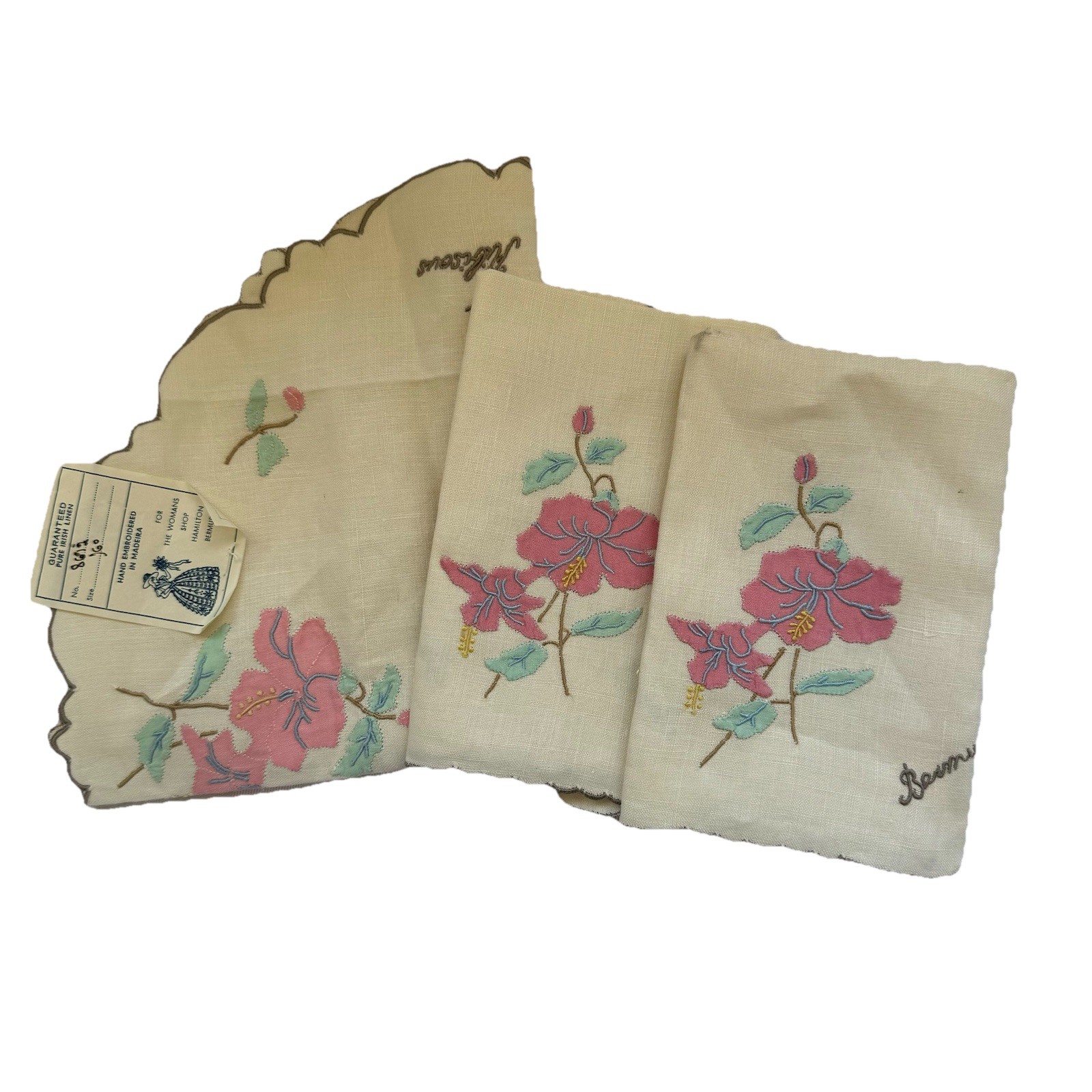 Vintage Madeira Bermuda Hand Embroidered Irish Linen 3pc Set NWT Hamilton Floral