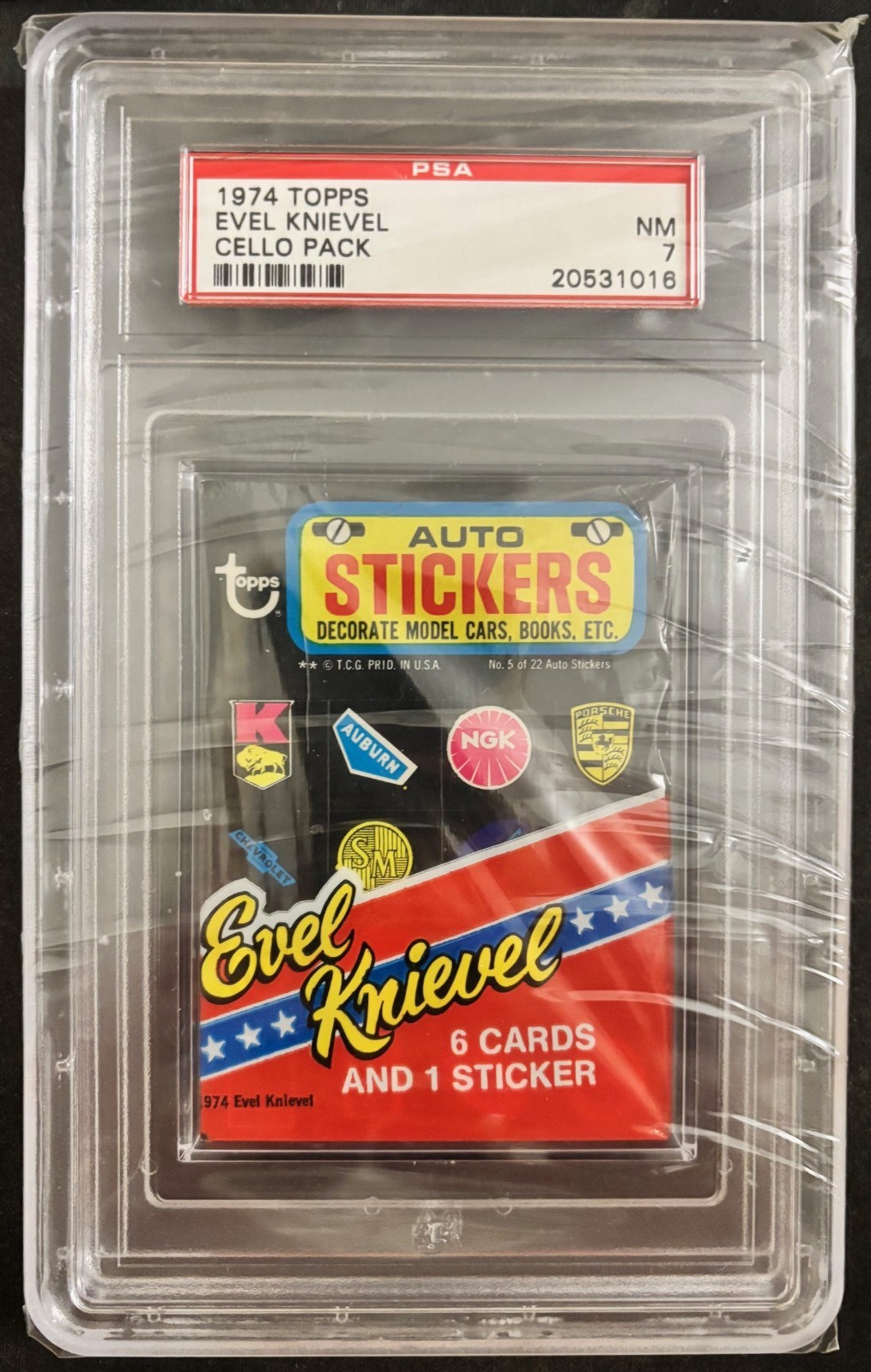 1974 TOPPS EVEL KNIEVEL SEALED STICKER CELLO PACK (PSA 7) (RARE) (DAREDEVIL)