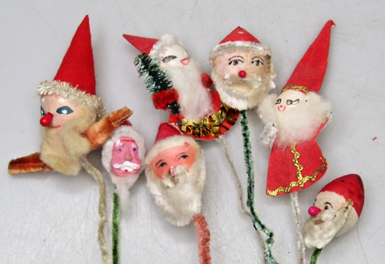 Lot VTG Chenille Spun Cotton SANTA HEAD Clay Face Picks Christmas Ornament Japan