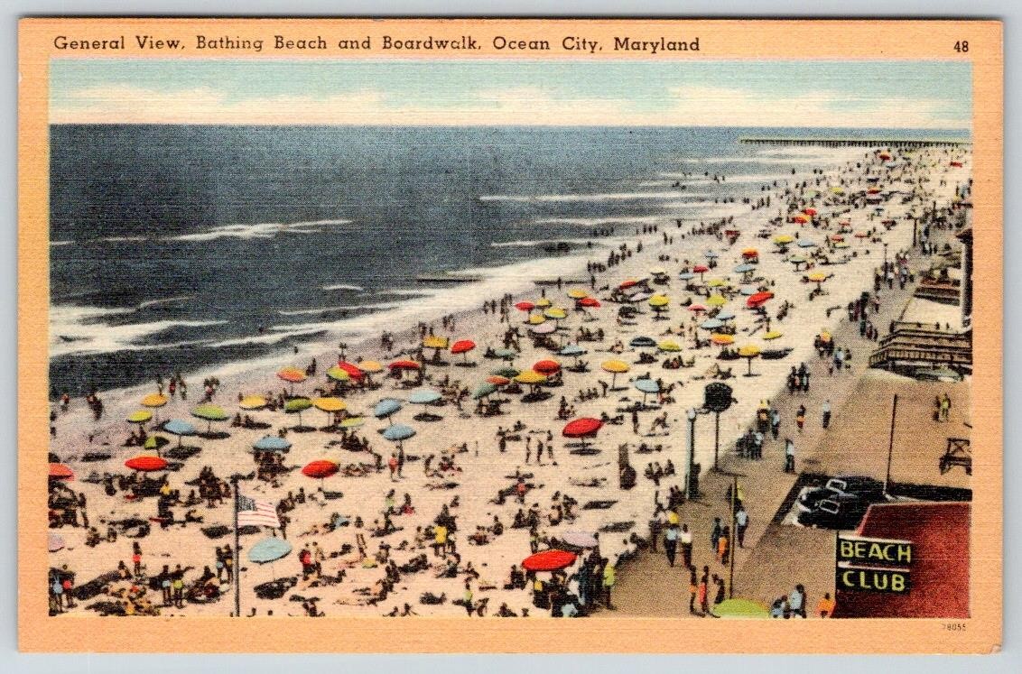 1930-50's OCEAN CITY MD GENERAL VIEW BATHING BEACH CLUB BOARDWALK LINEN POSTCARD