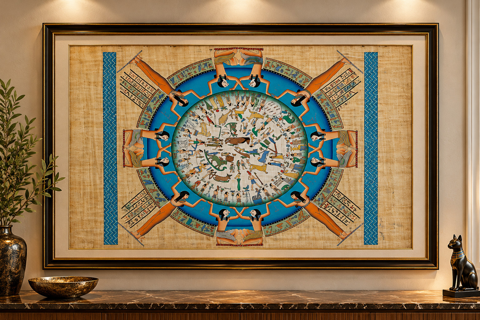 Large 36x24 Egyptian Papyrus Dendera Zodiac Calendar Painting Signed Egypt