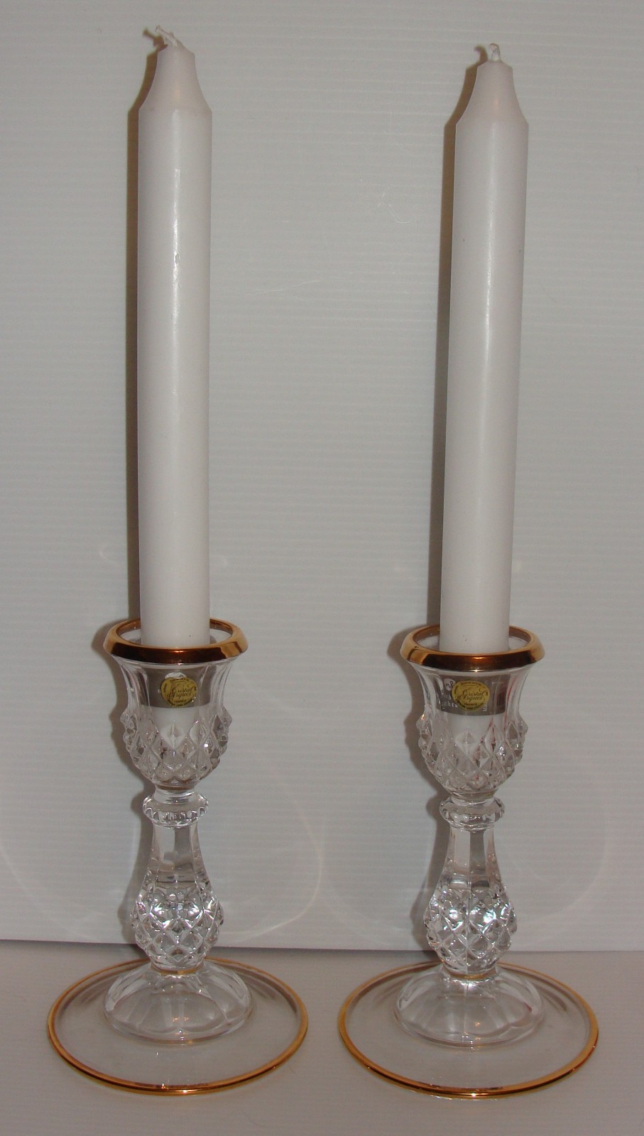 Vtg Cristal D\'Arques Lead Crystal Candle Holder Set of 2, Gold Trim, Candles Inc