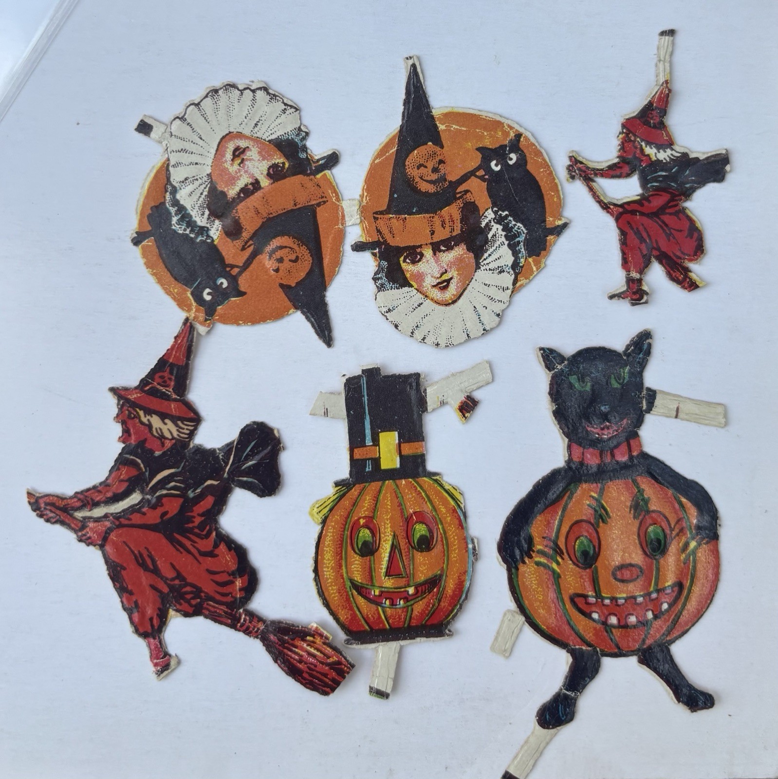 6 Antique German Halloween Die Cut Scraps Black Cat Jol Witch Owl Embossed