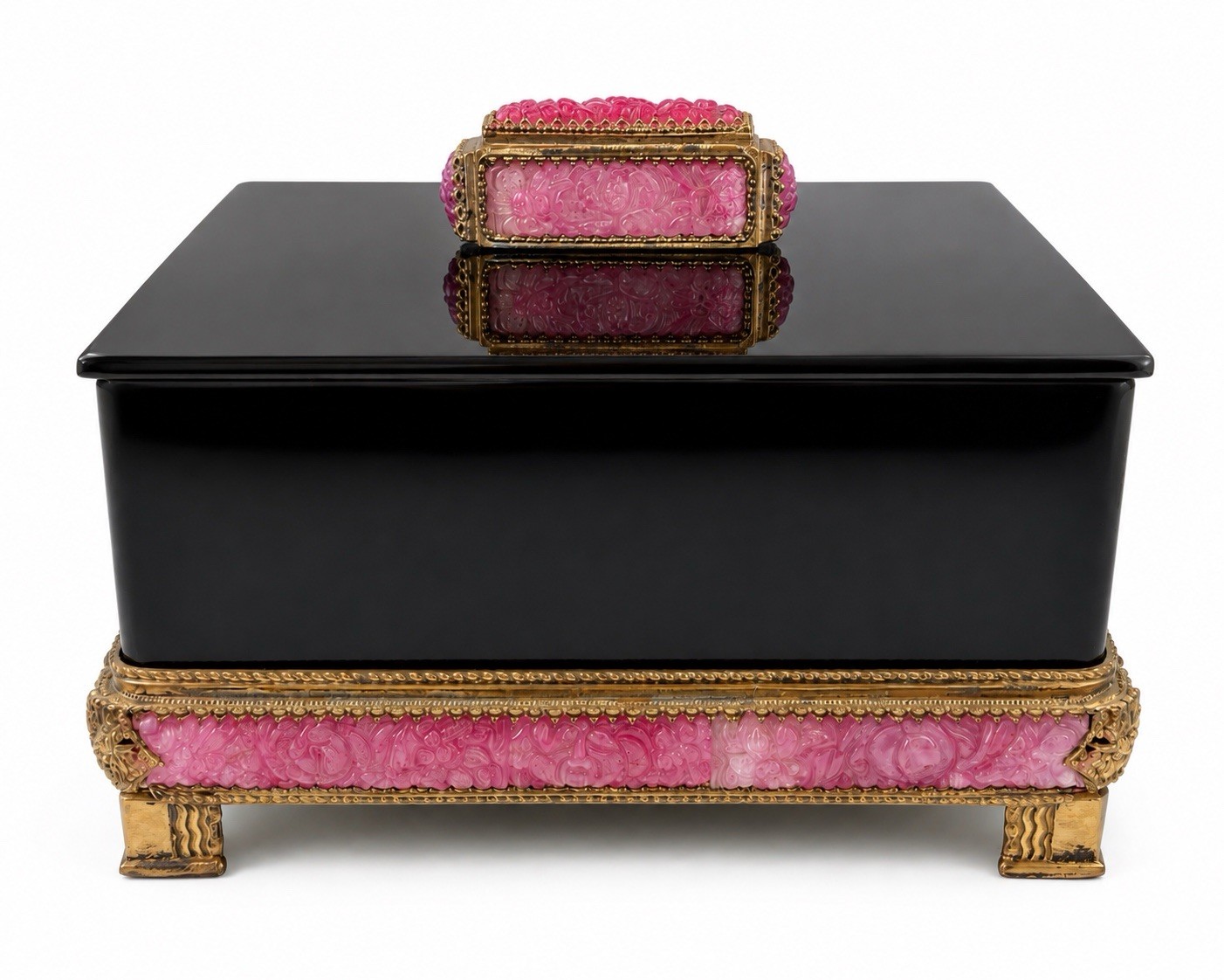 Ultra Rare Antique Black Amethyst Trinket Box Pink Hand Carved Quartz