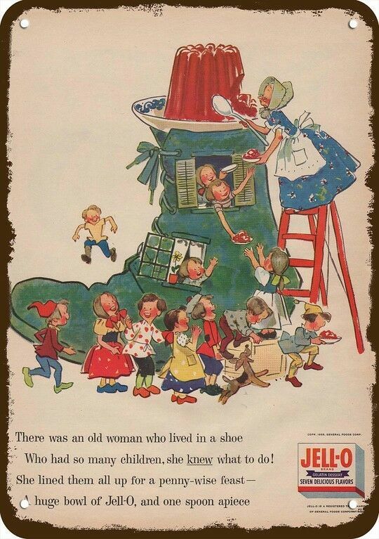 1955 Old Woman in Shoe Loves JELLO Vintage-Look DECORATIVE REPLICA METAL SIGN 1955 Old Woman in Shoe Loves JELLO Vintage-Look DECORATIVE REPLICA METAL SIGN
