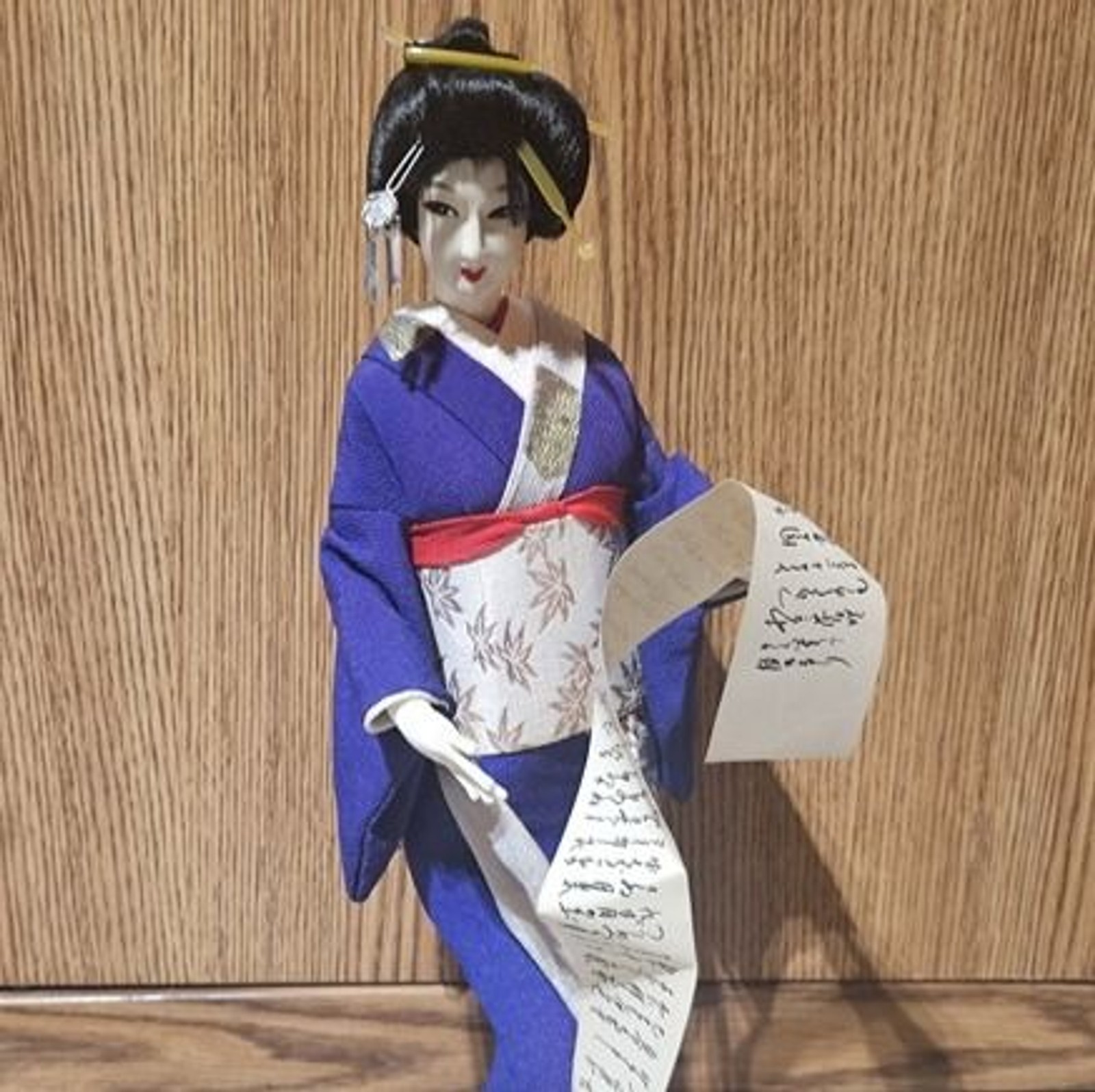 Vintage Japanese Nishi Geisha Doll Holding Calligraphy Scroll Silk Kimono 1960s