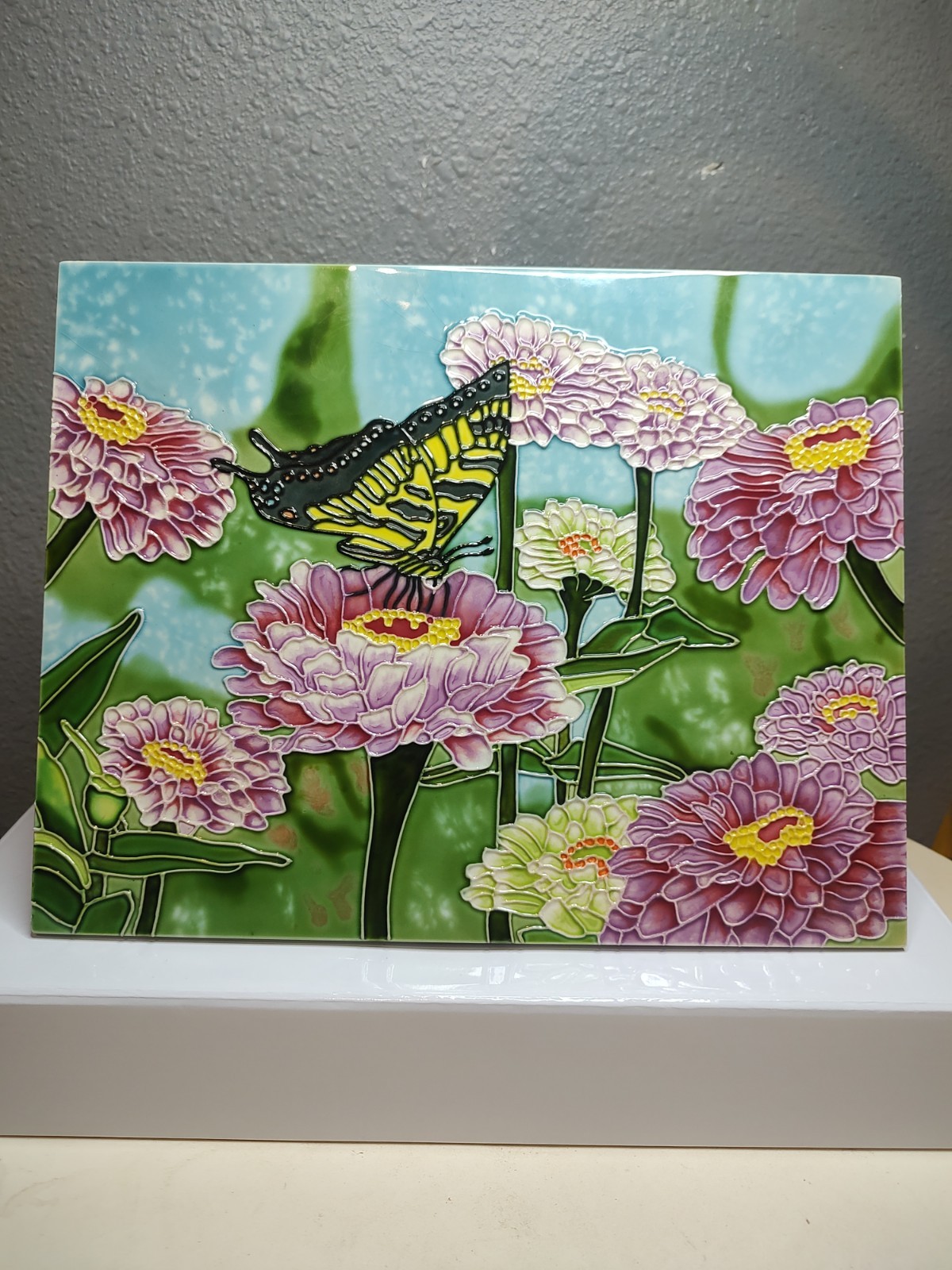 Benaya Art Ceramics 11x14 Tubelined Tile Plaque Swallowtail Butterfly Zinnia
