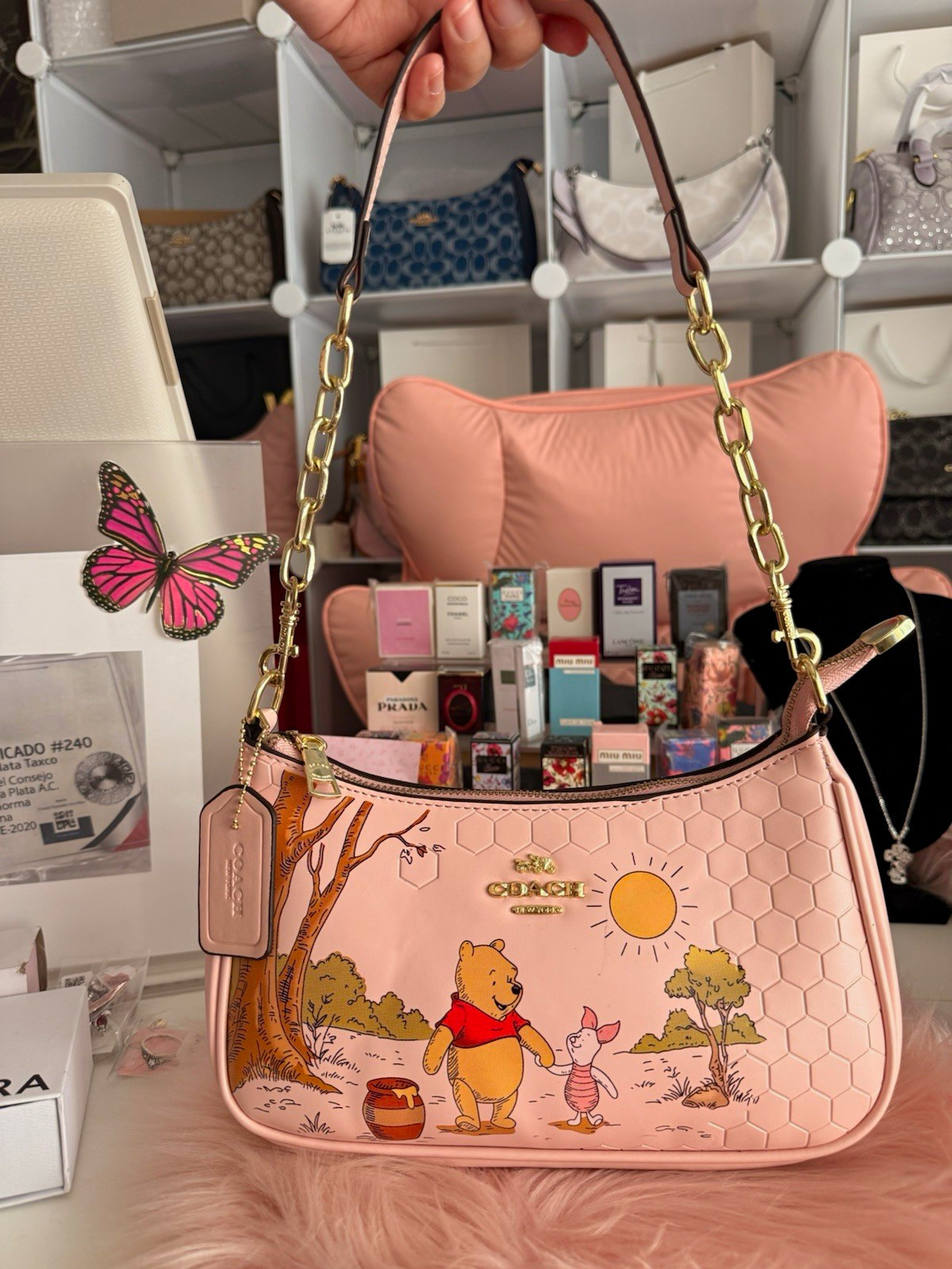 Coach Disney Winnie the Pooh & Piglet Small Shoulder Bag Purse Beige