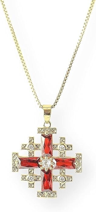 Red Topaz Jerusalem Cross Crusaders Pendant Necklace Gold Plated 18k