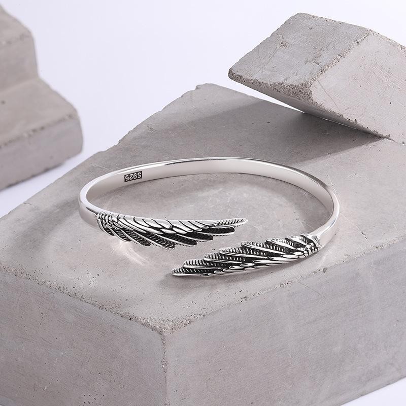 Retro 925 Sterling Silver Feather Angel Wings Adjustable Open Bracelet For Women