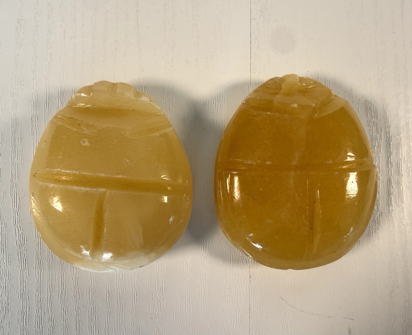 Vintage Two Egyptian Scarab Beetles Hand Carved Stone Hieroglyphics Paperweight