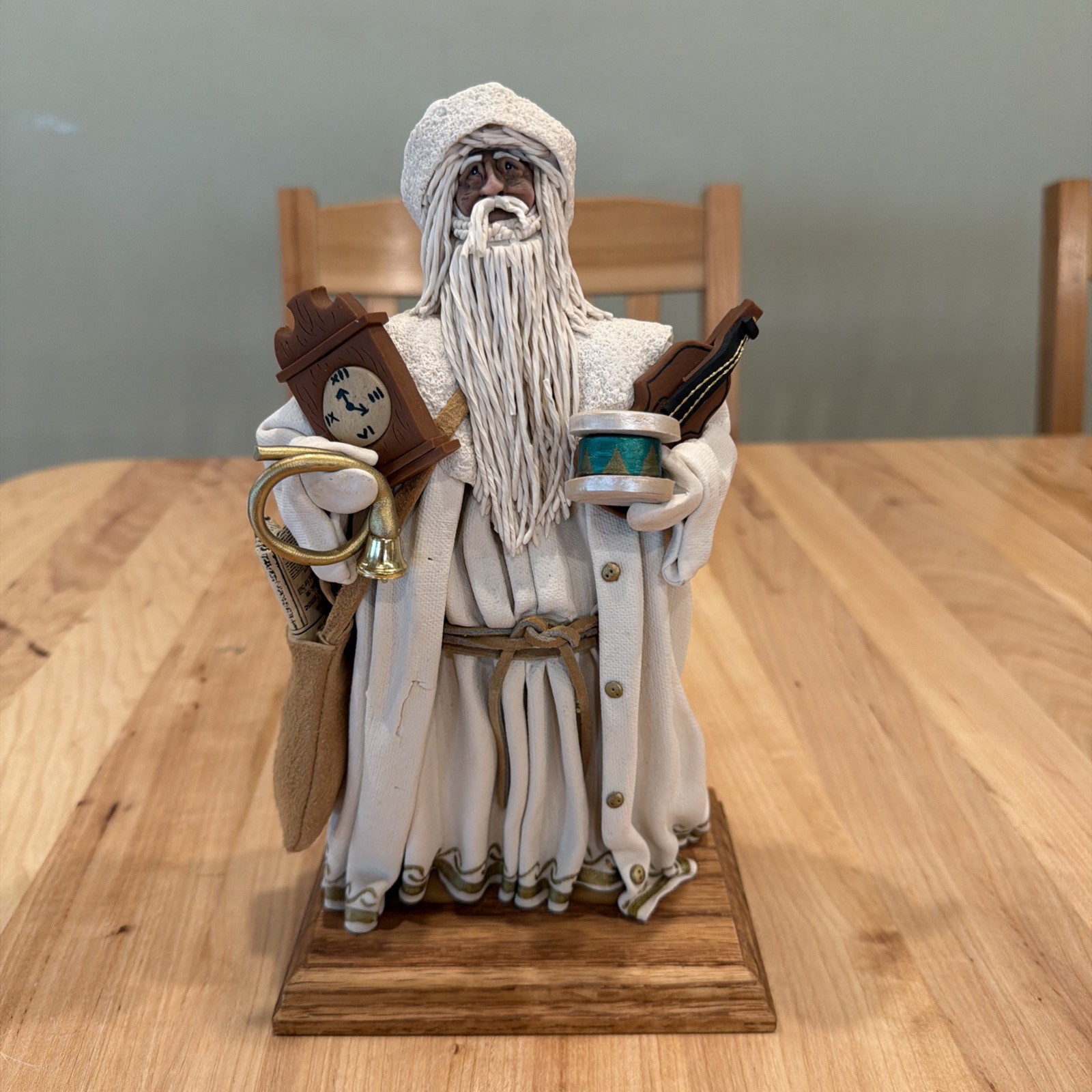 VTG Clay Art Elderly Man With A Clock, Violin, Horn Etc. Signed By “Fay 94”