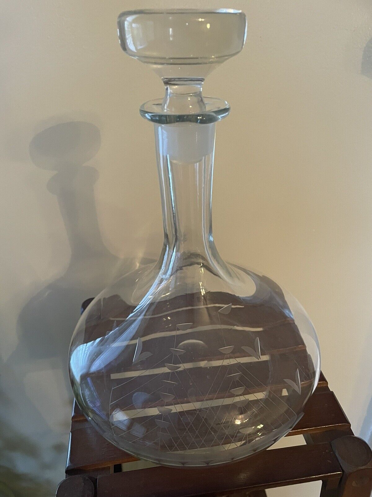 Vintage Etched Clipper Ship Nautical Clear Glass Liquor Wine Decanter w/Stopper