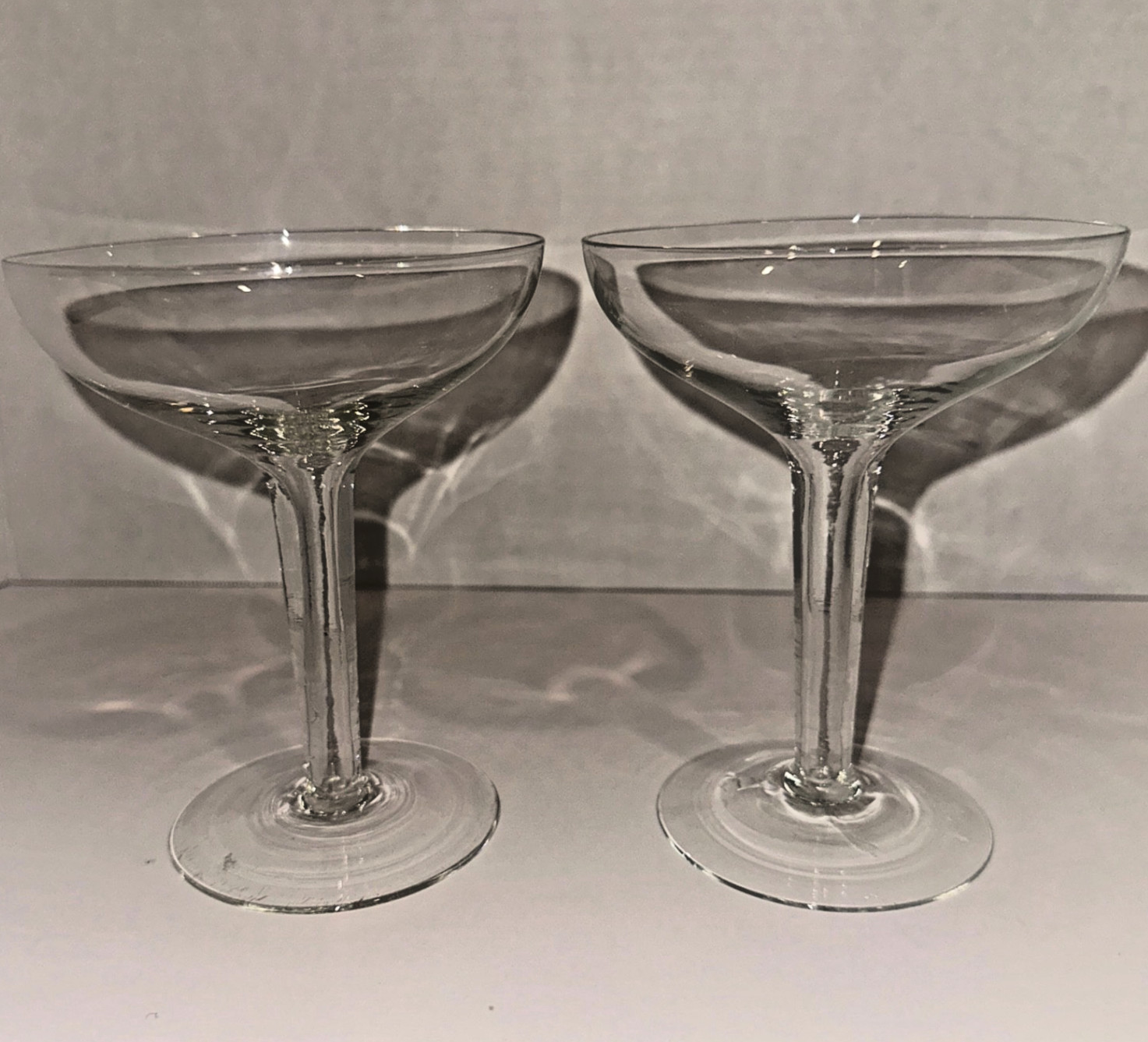 Vintage Art Deco Crystal Hollow Stem Champagne Glass Coupe Wine Set of Two