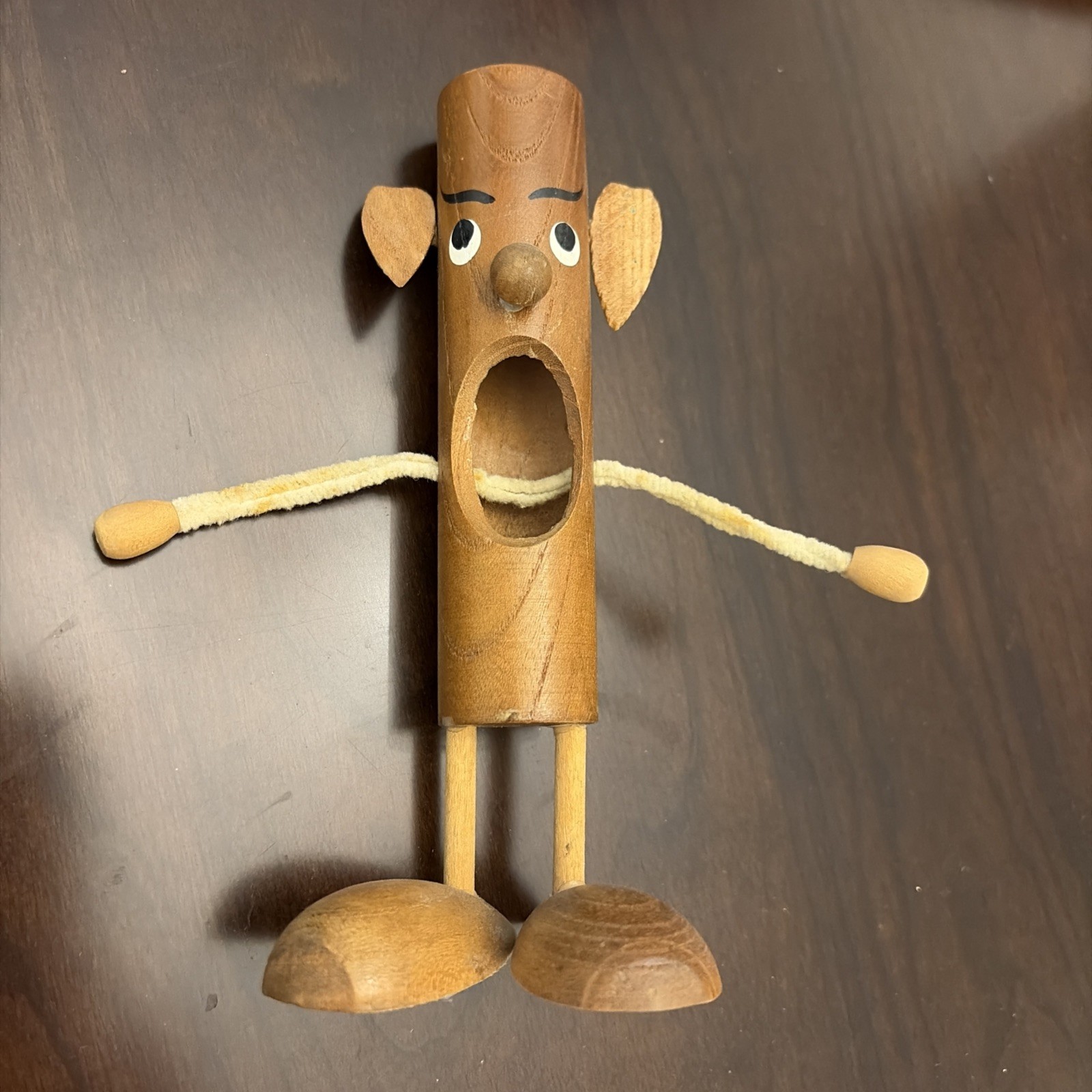 Vintage Teak Wood Pipe Cleaner Holder Open Mouth Troll Elf Chenille Stem