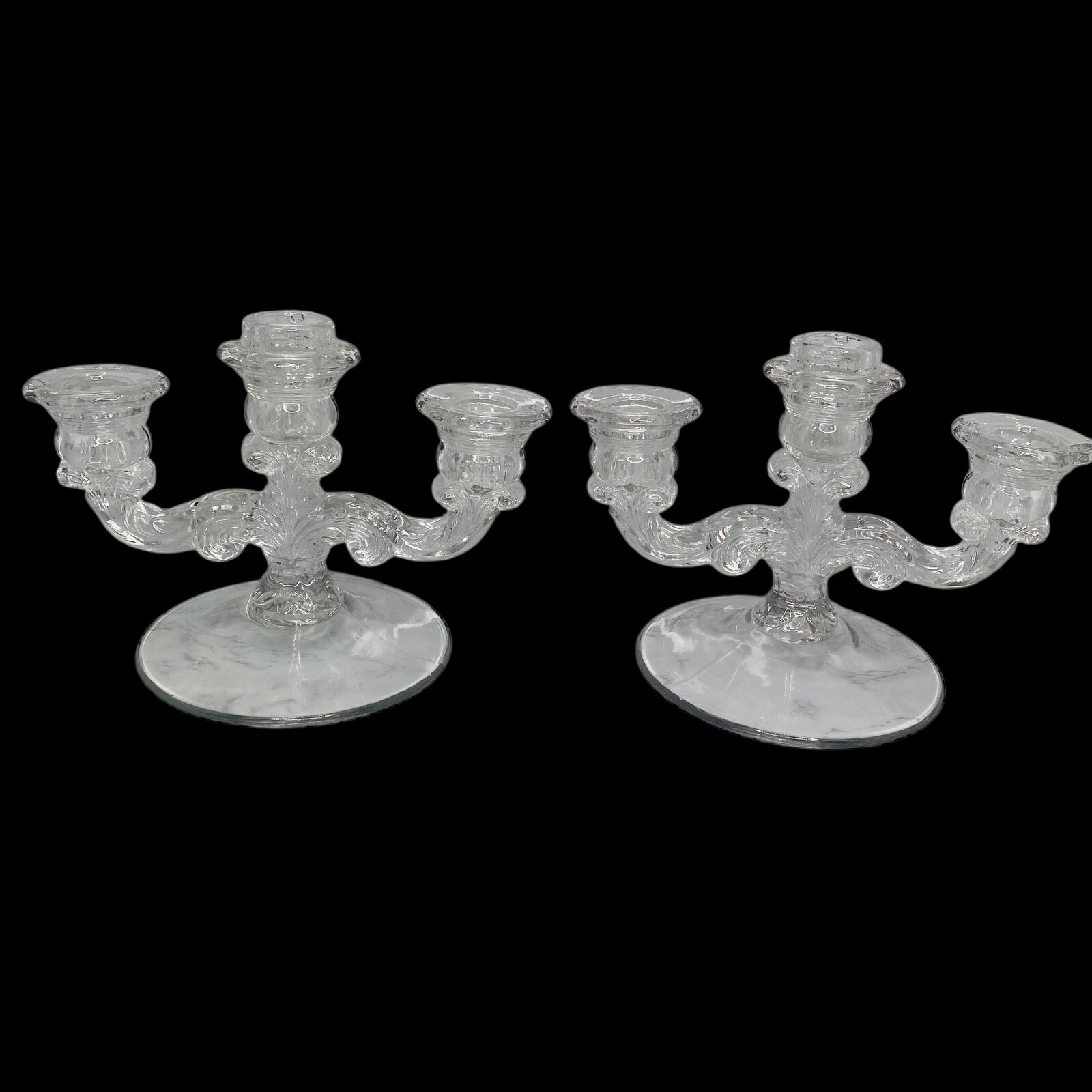 PAIR Vtg CAMBRIDGE ARMS Glass 3 Three Arm Candelabra Candle Stick Holder