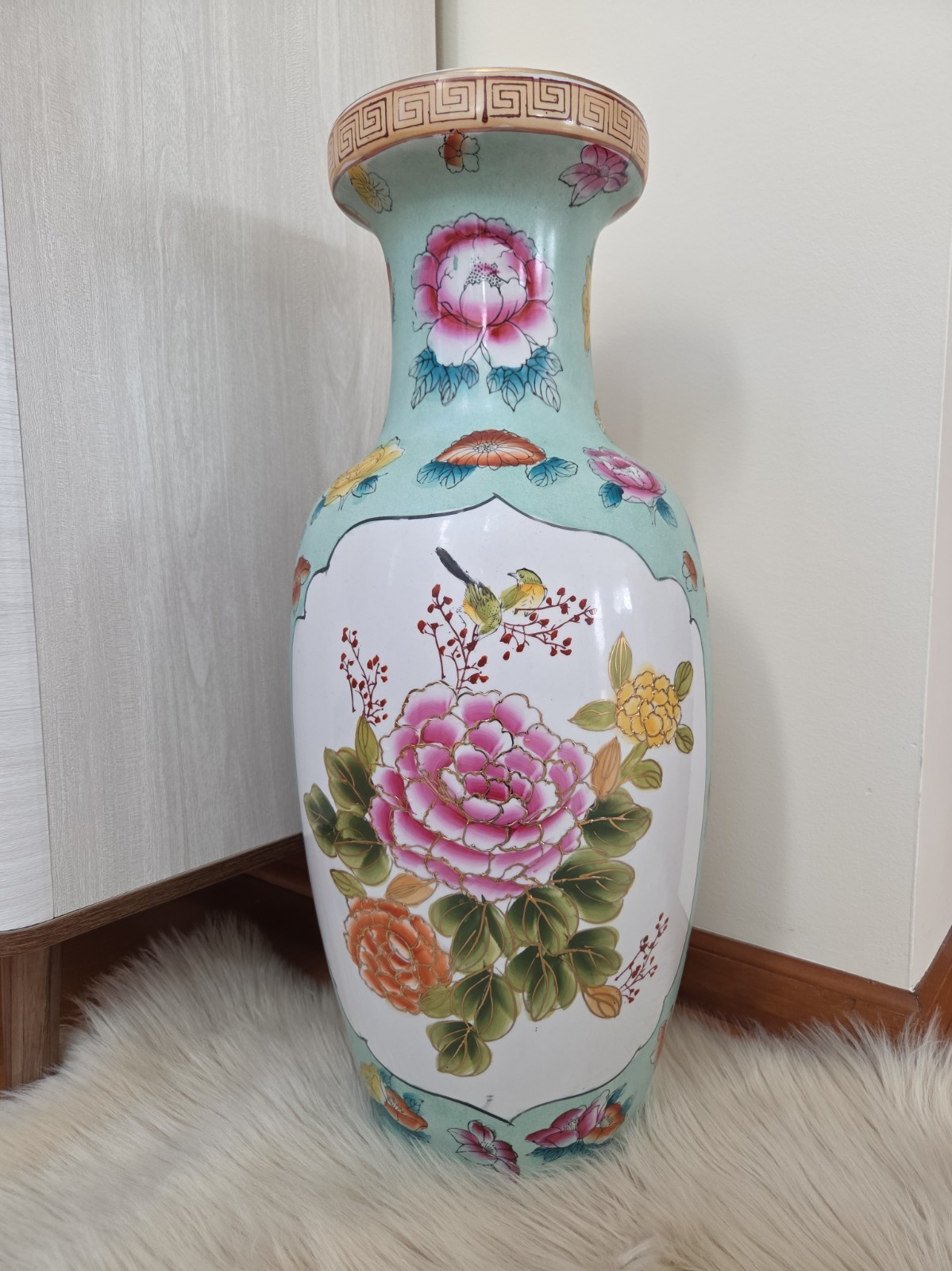 Large Chinese Style Famille Rose Floral Bird Ceramic Floor Vase Turquoise