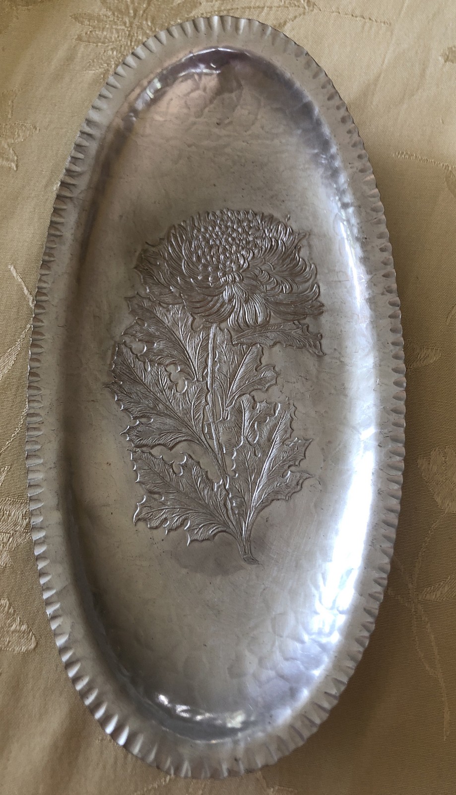 Vintage Continental Tray Hand Wrought Aluminum Chrysanthemum Model 566