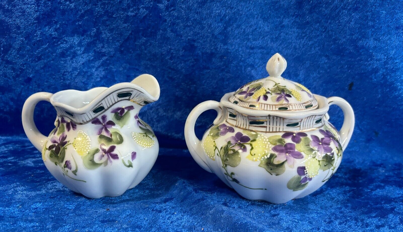 Vintage Nippon Creamer & Sugar Bowl Hand Painted Purple Flowers Gold Trim