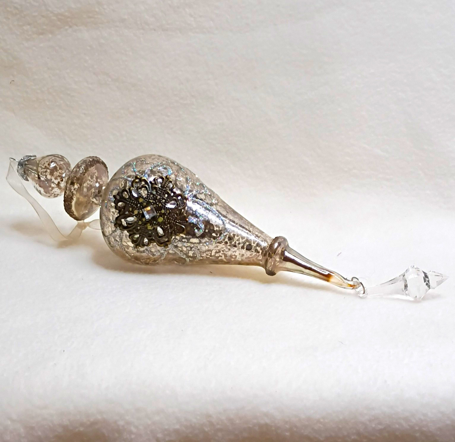 Jeweled Mercury Glass Finial Christmas Ornament Silver Rhinestone Victorian 9.5\ Jeweled Mercury Glass Finial Christmas Ornament Silver Rhinestone Victorian 9.5\