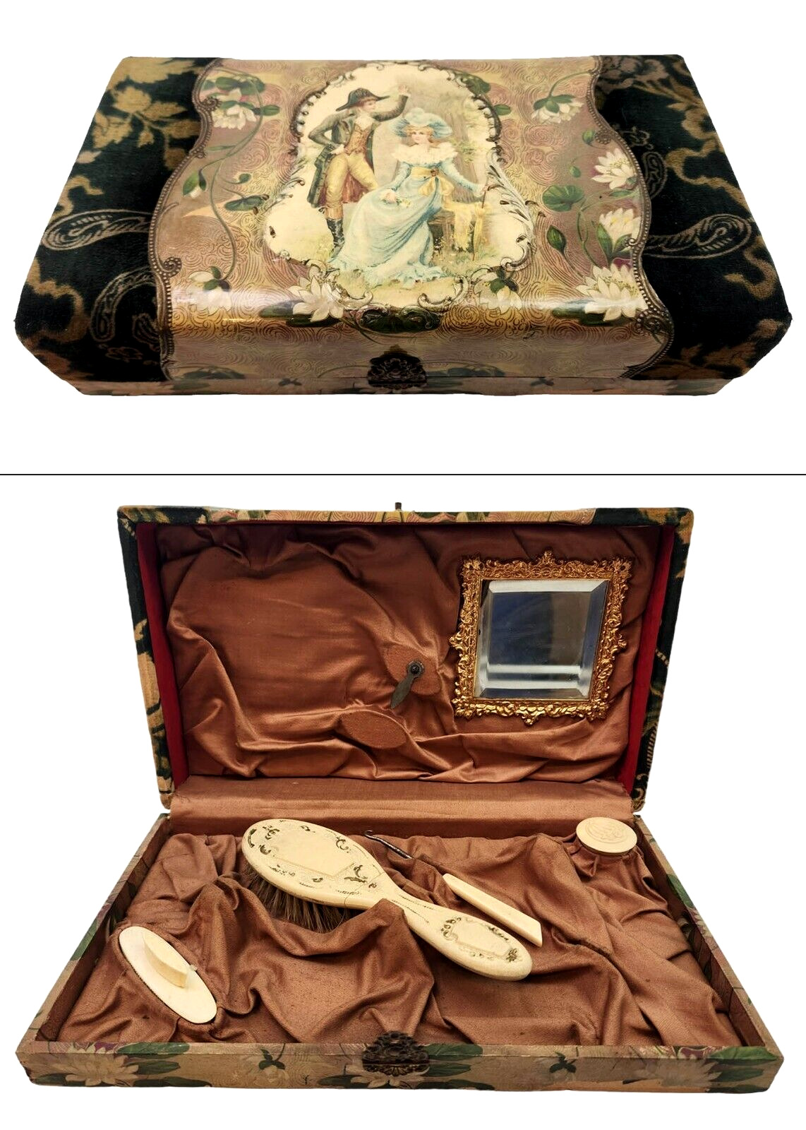 ~RARE~ Antique 1892 Courting Victorian Lady Velvet Celluloid Vanity Dresser Box