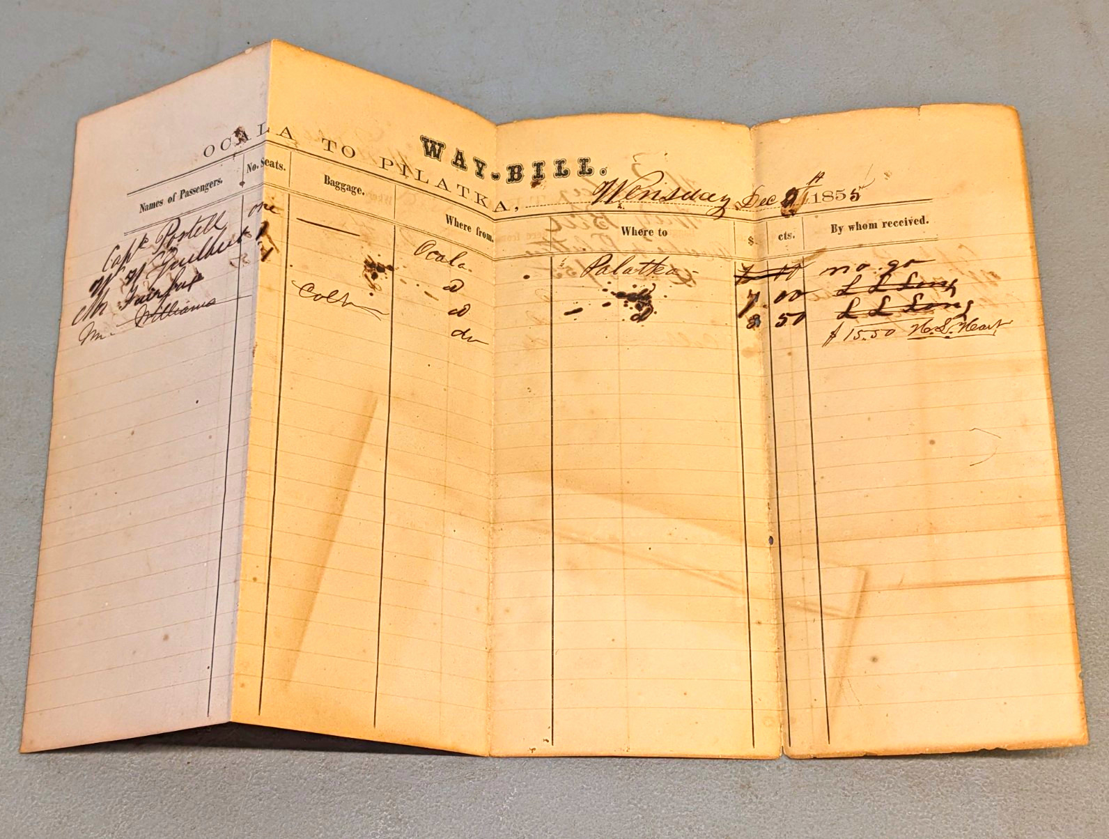 Rare FL History 1855 Ocala to Palatka (Pilatka) WAY-BIL  Document Dec 5, 1855