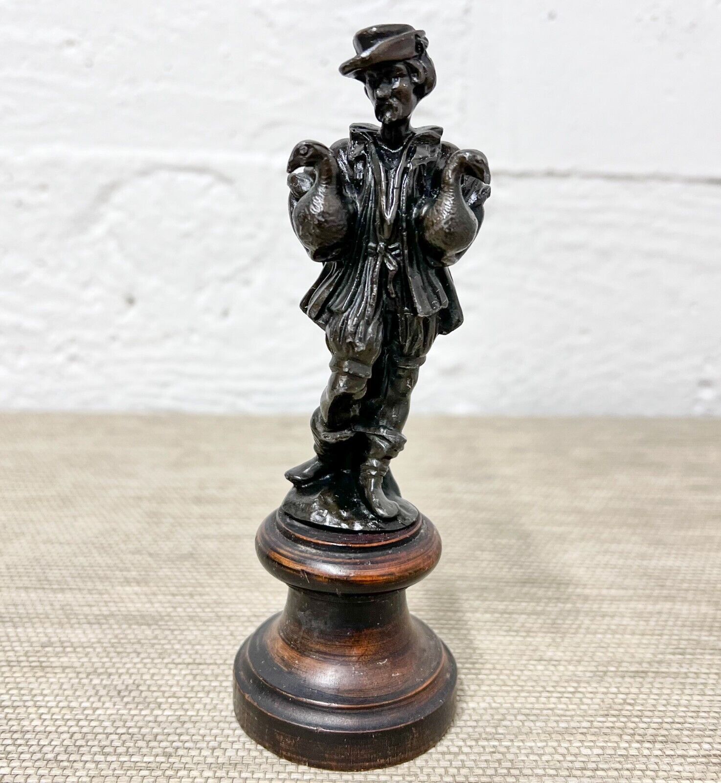 Miniature Patinated Bronze Spelter Goose Keeper figure c1900