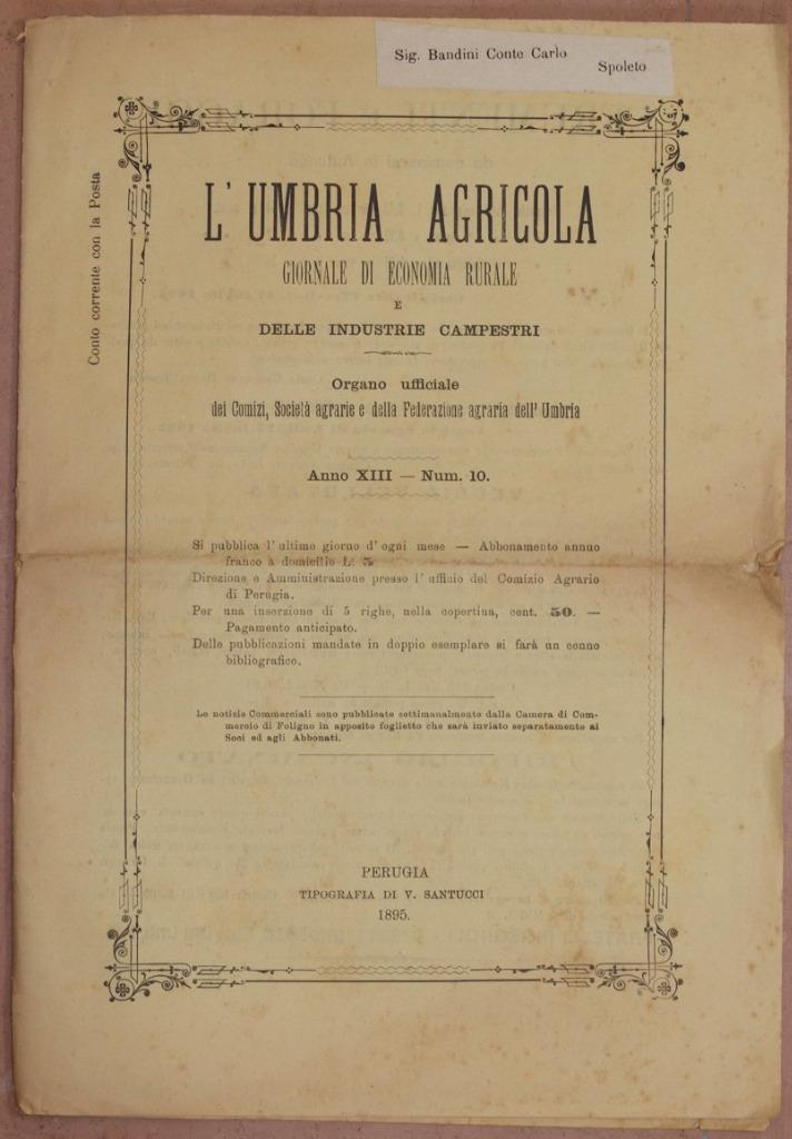 UMBRIA AGRICOLA 30 OCTOBER 1895 PERUGIA CHIMICA FERTILIZERS WHEAT TERNI WHEAT