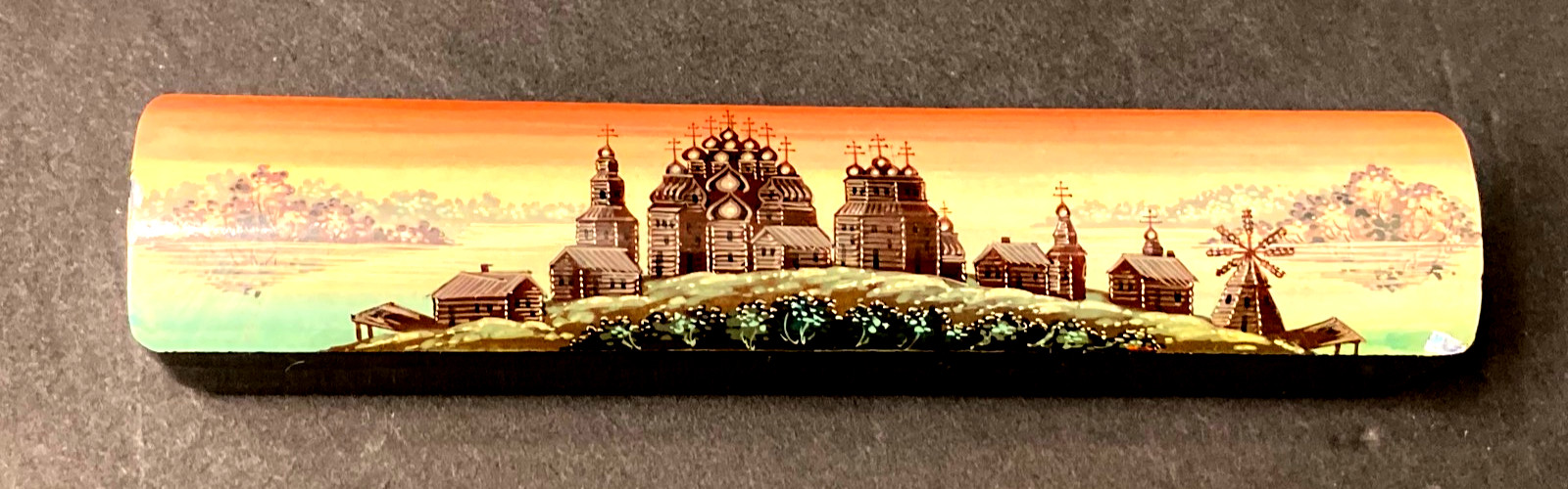 Vintage Russian Lacquer Box Hand Painted Signed Pen Trinket  6x1.5 KIZHI POGOST