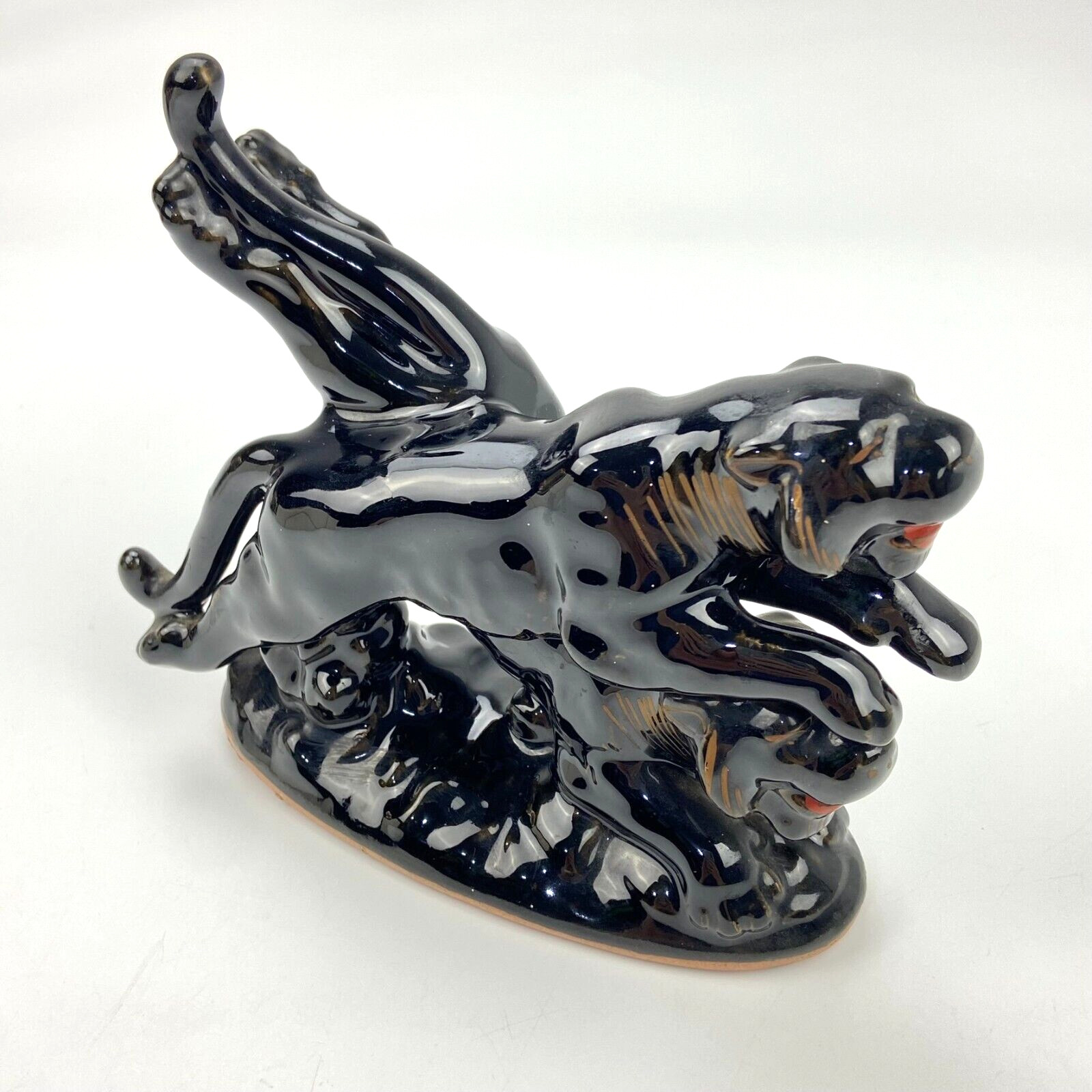 Vtg HTF Double Black Panther Figurine Redware Pottery Japan MCM *AS IS*