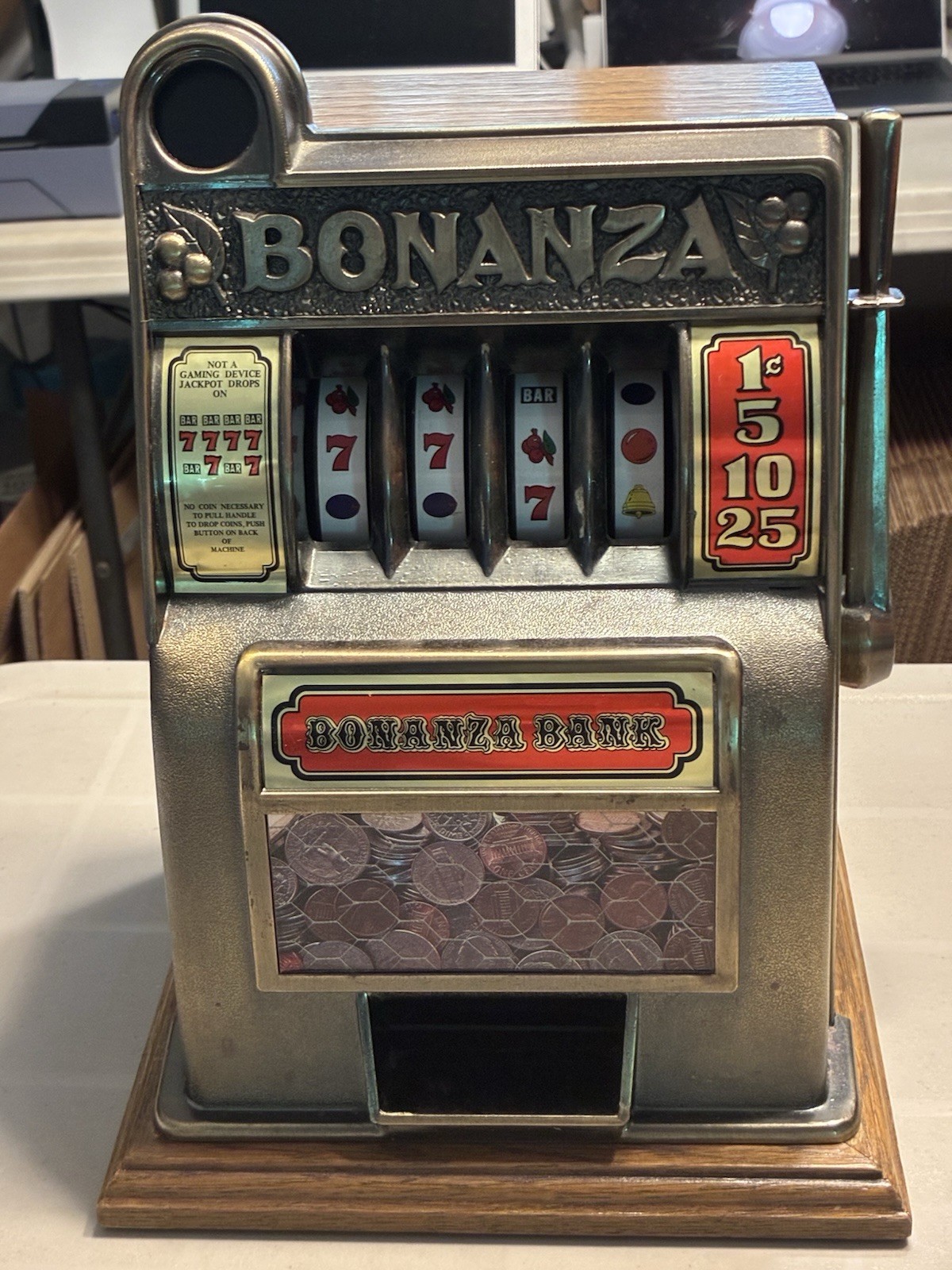 Vintage Bonanza Four Reel Toy Casino Slot Machine Bank Wood Grain Finish VGC 12\