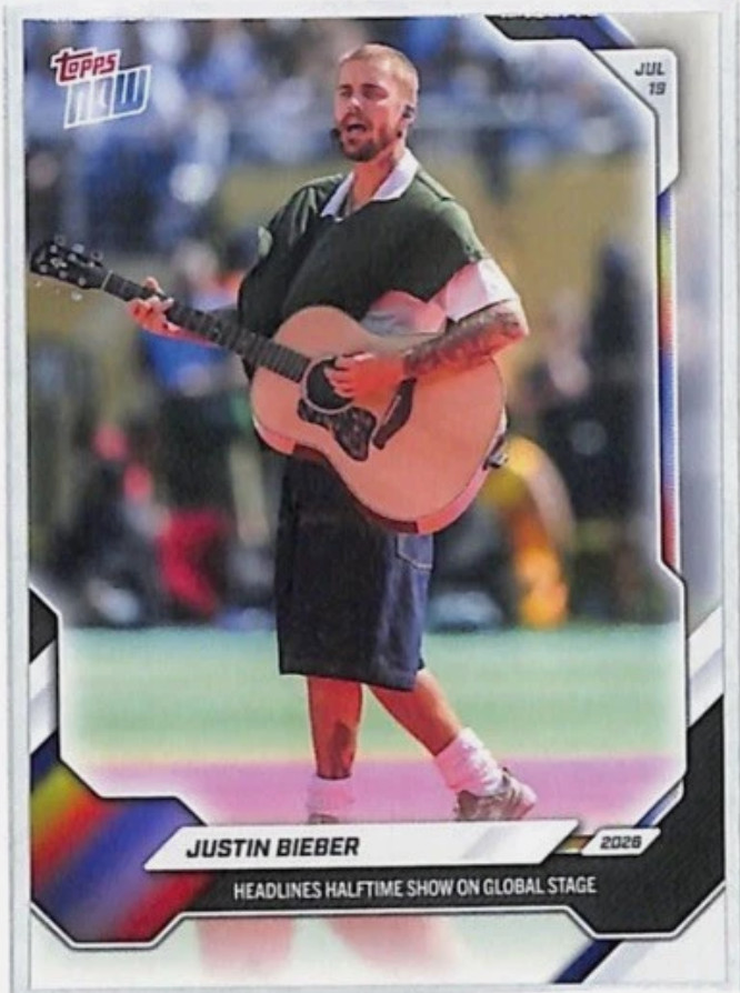 2026 Topps Now #JB01 Justin Bieber Headlines Halftime Show On Global Stage Card 