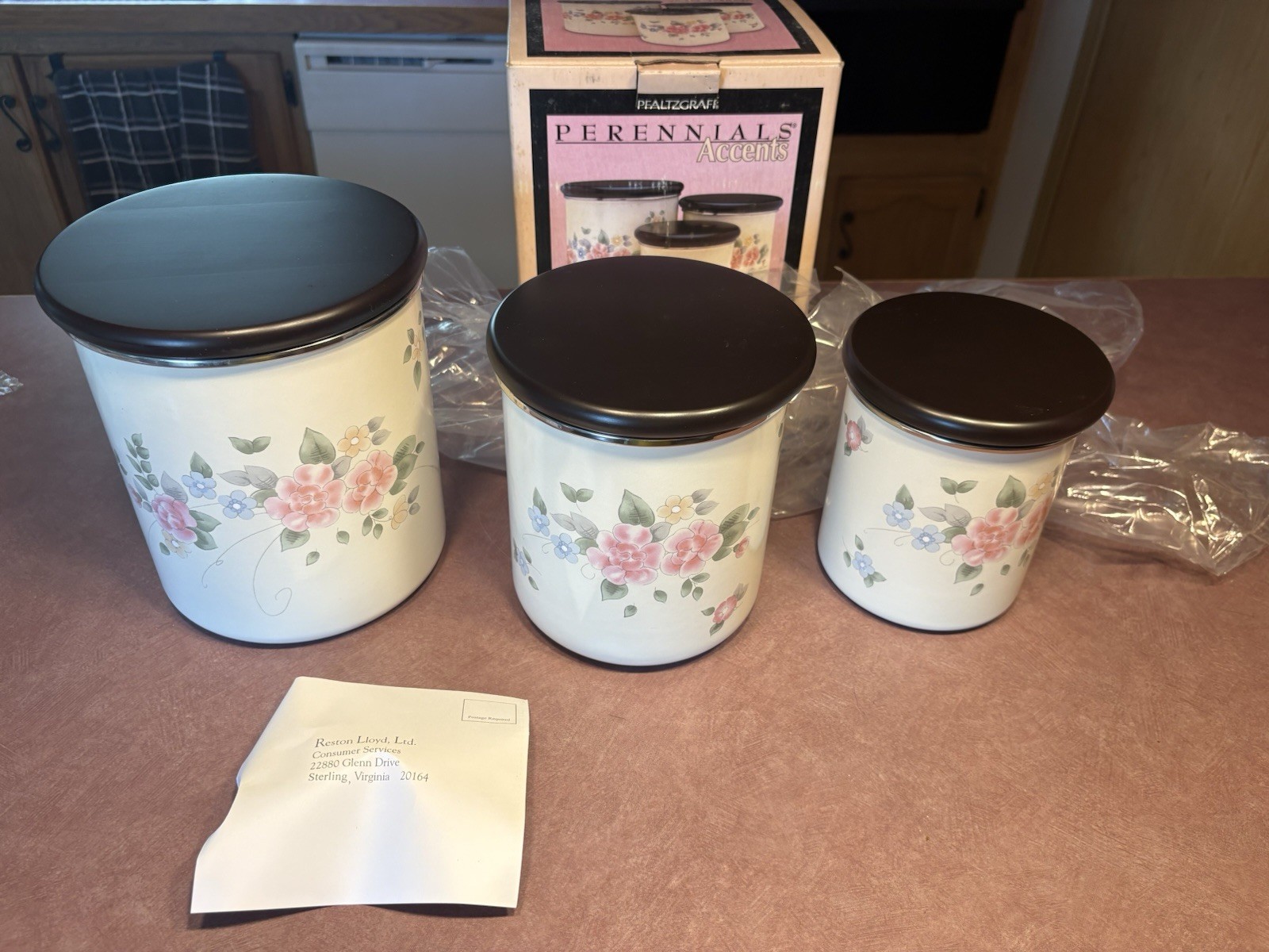 NIB 1998 Pfaltzgraff Tea Rose 6pc Porcelain Enamel Steel Canister Set Wood Lids