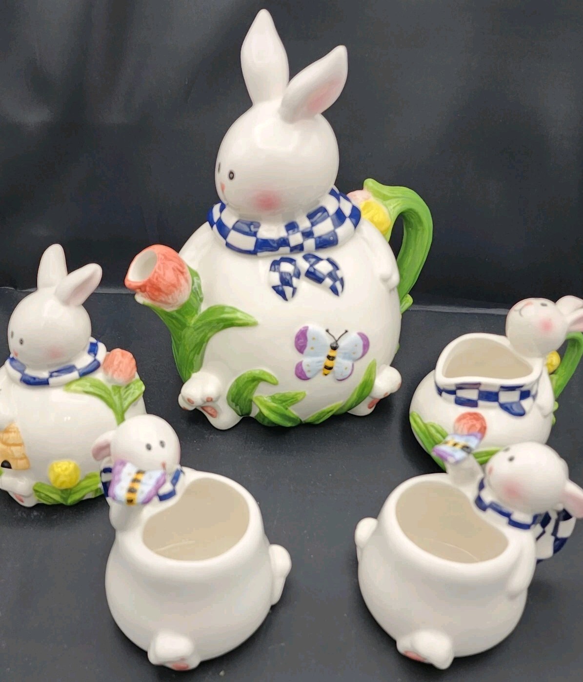 Vintage 1999 Mercuries Ceramic Easter Bunny Teapot Set Sugar Creamer Cups