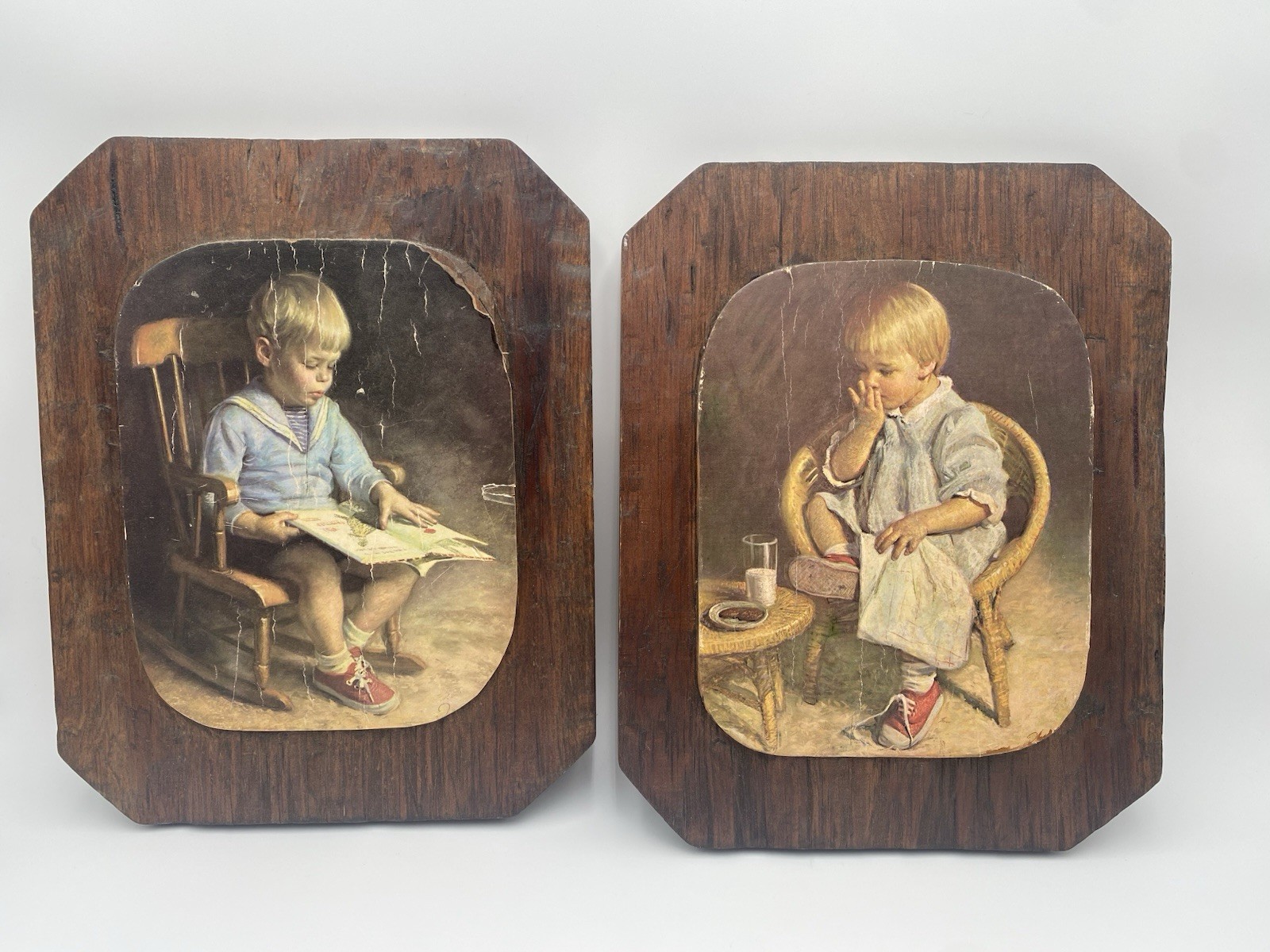 Vintage 1975 Wood Wall 14” X 11” Plaques Set boy and girl Portrait  