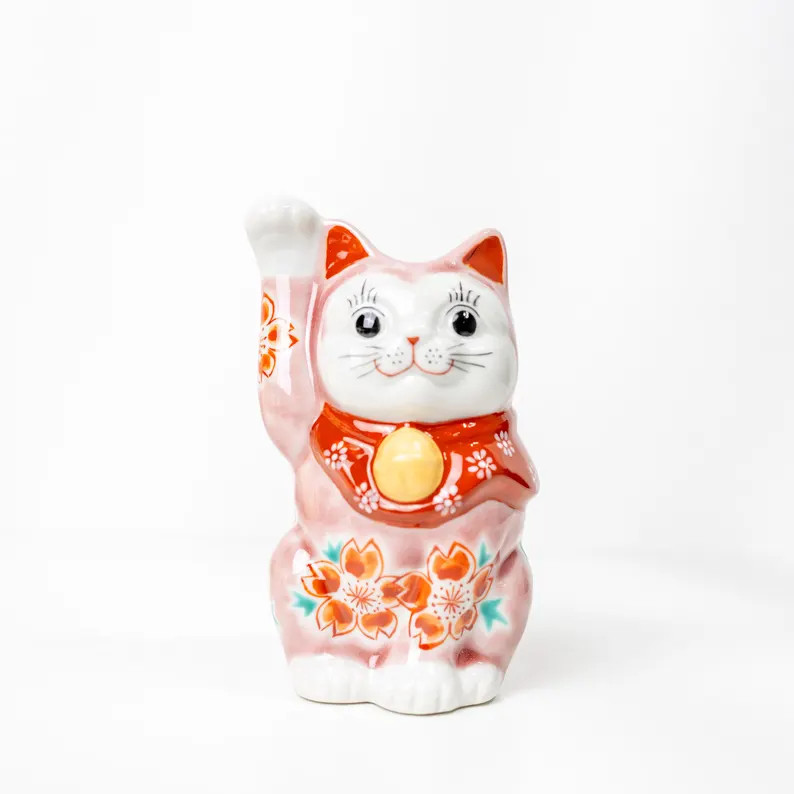 Choho Kutani Pink Sakura Maneki Neko Lucky Cat Ceramic Figurine 11.5cm