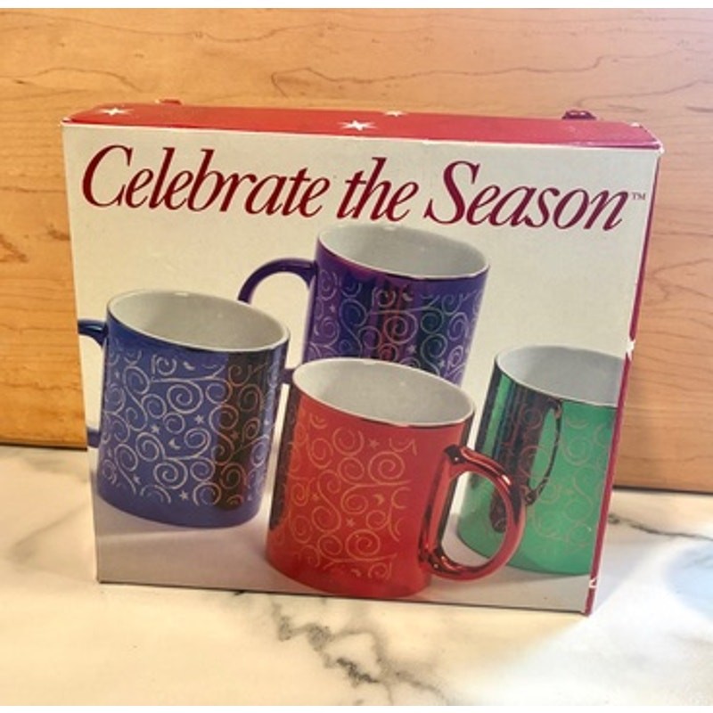 Vintage Celebrate the Season 4 Christmas Mugs Filene’s New Old Stock Moon Stars