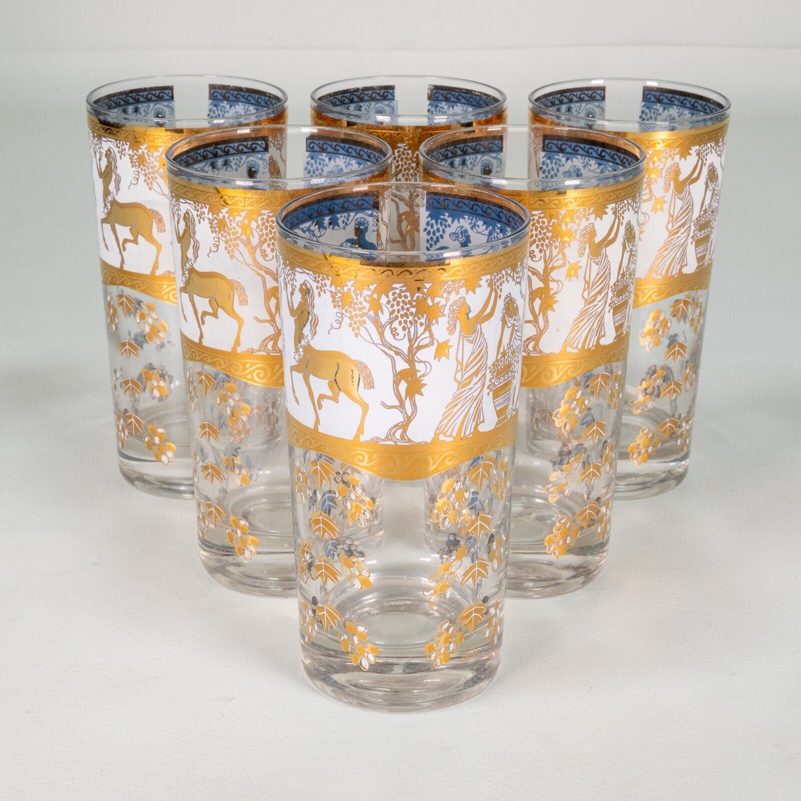 Mid Century Modern White & Gold Etched Highball Cocktail Glasses Medieval- Set 6