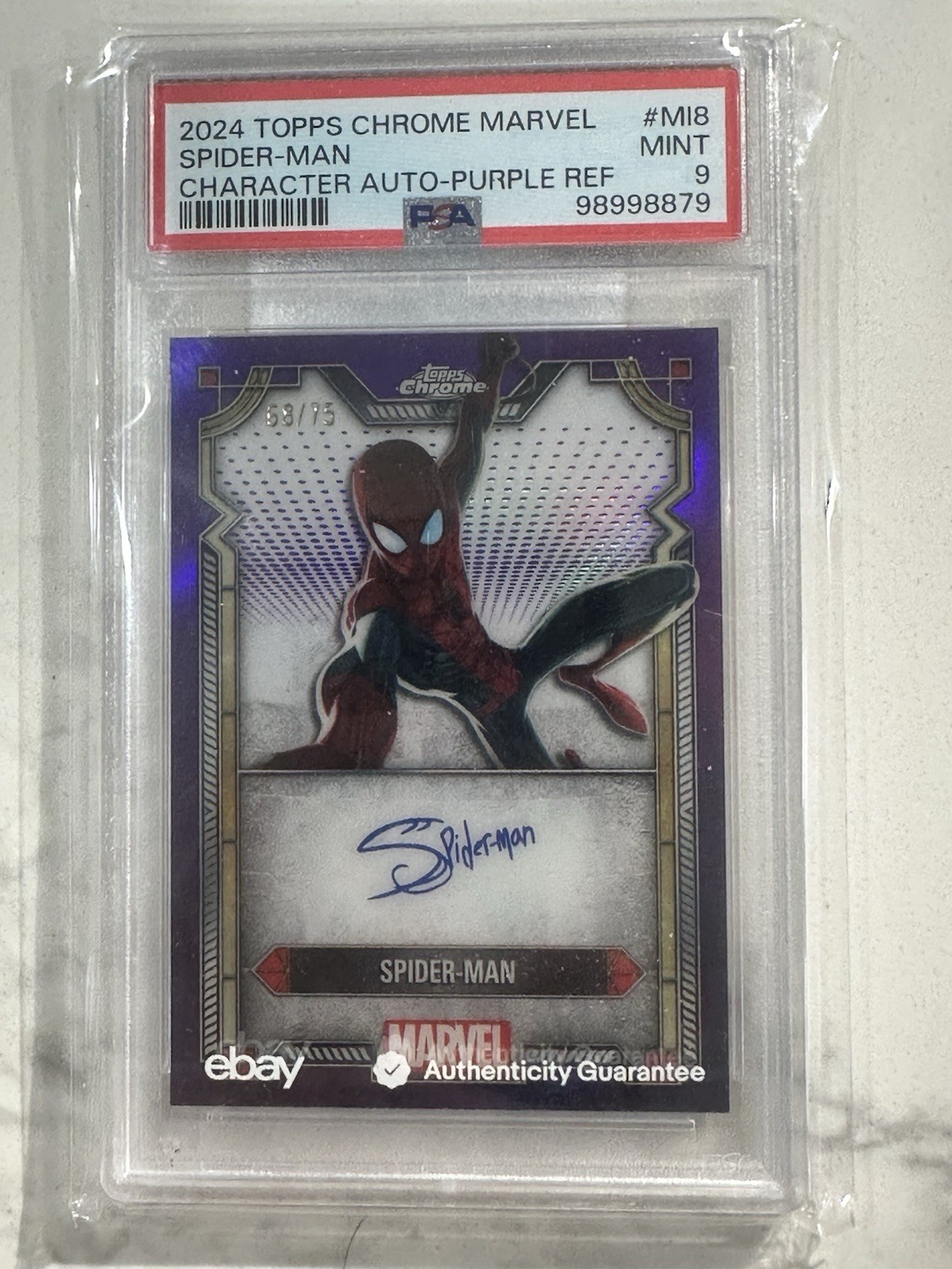 2024 Topps Chrome Marvel Spider-Man Character Auto Purple 68/75 PSA 9 #MI-8 2024 Topps Chrome Marvel Spider-Man Character Auto Purple 68/75 PSA 9 #MI-8