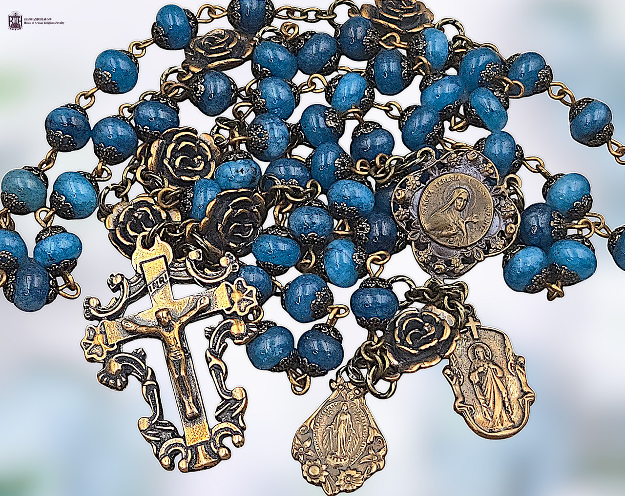 St Therese & Sacred Heart of Jesus Rosary, Roses, Heirloom Bronze, Blue Jade
